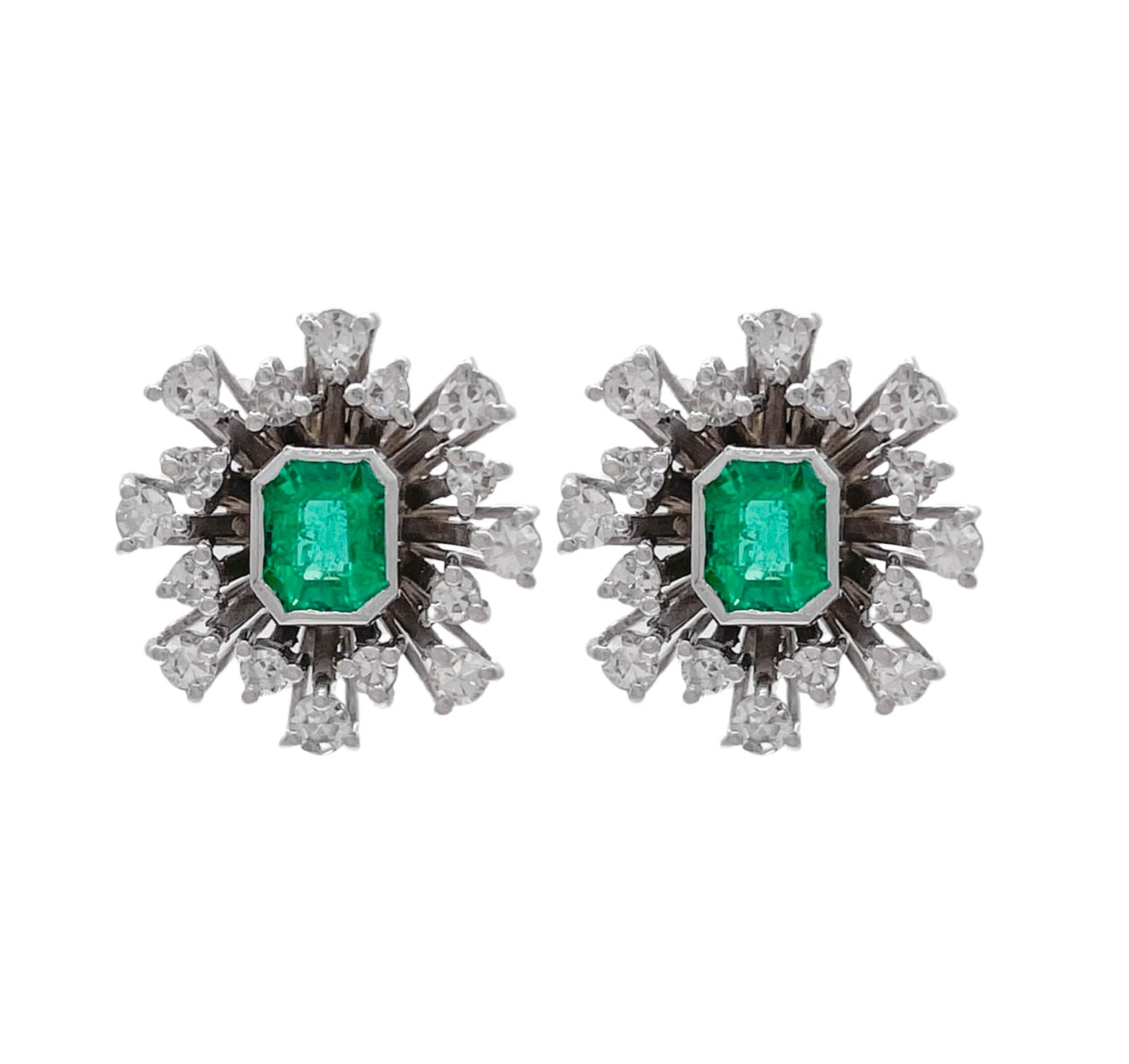 JAY FEDER 14K WHITE GOLD EMERALD DIAMOND BURST EARRINGS