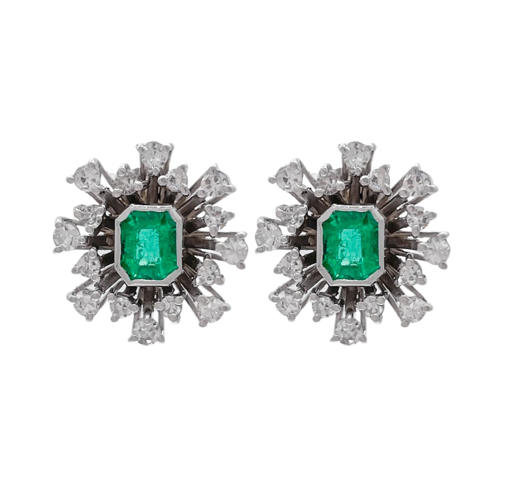 JAY FEDER 14K WHITE GOLD EMERALD DIAMOND BURST EARRINGS
