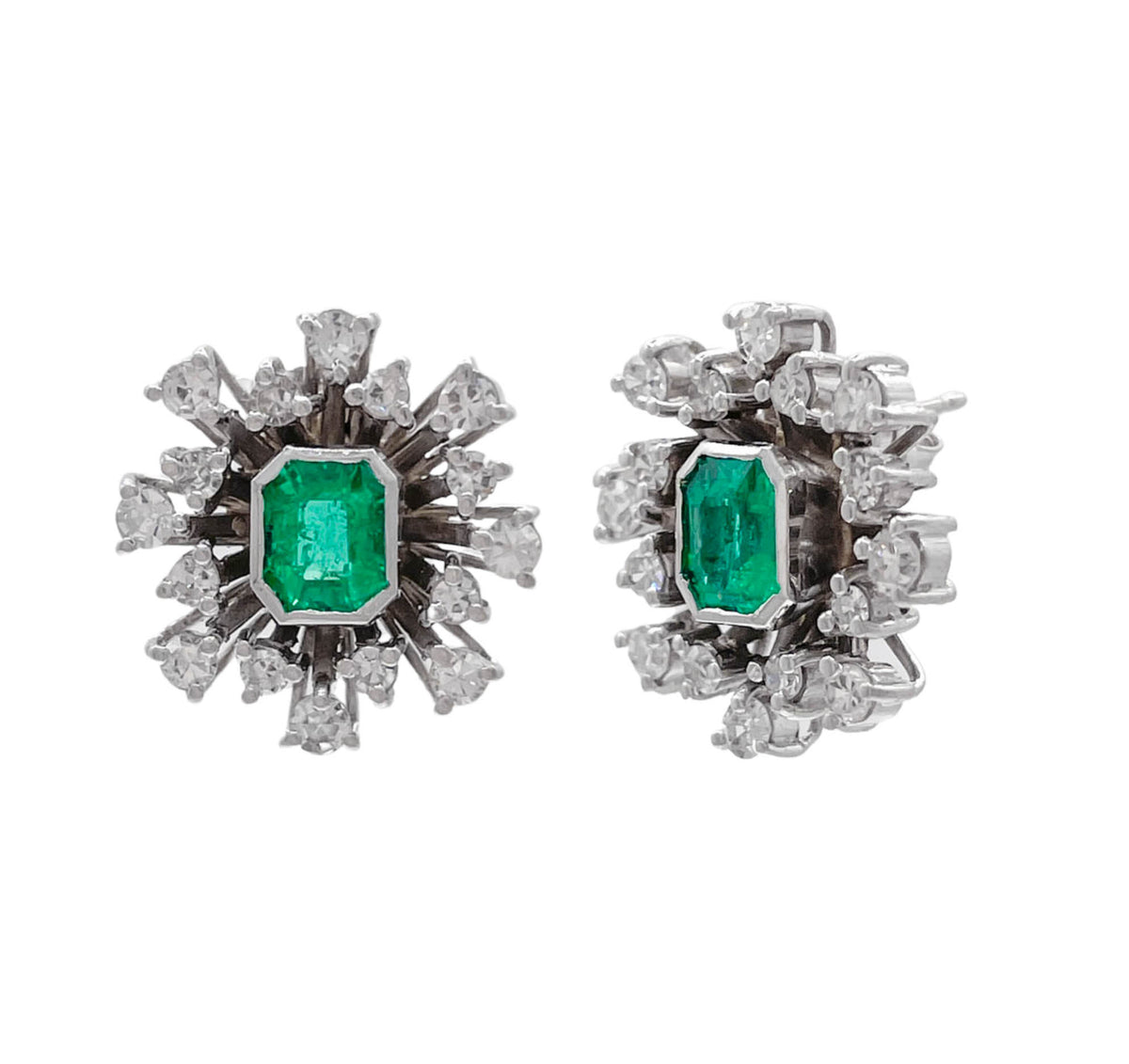 JAY FEDER 14K WHITE GOLD EMERALD DIAMOND BURST EARRINGS