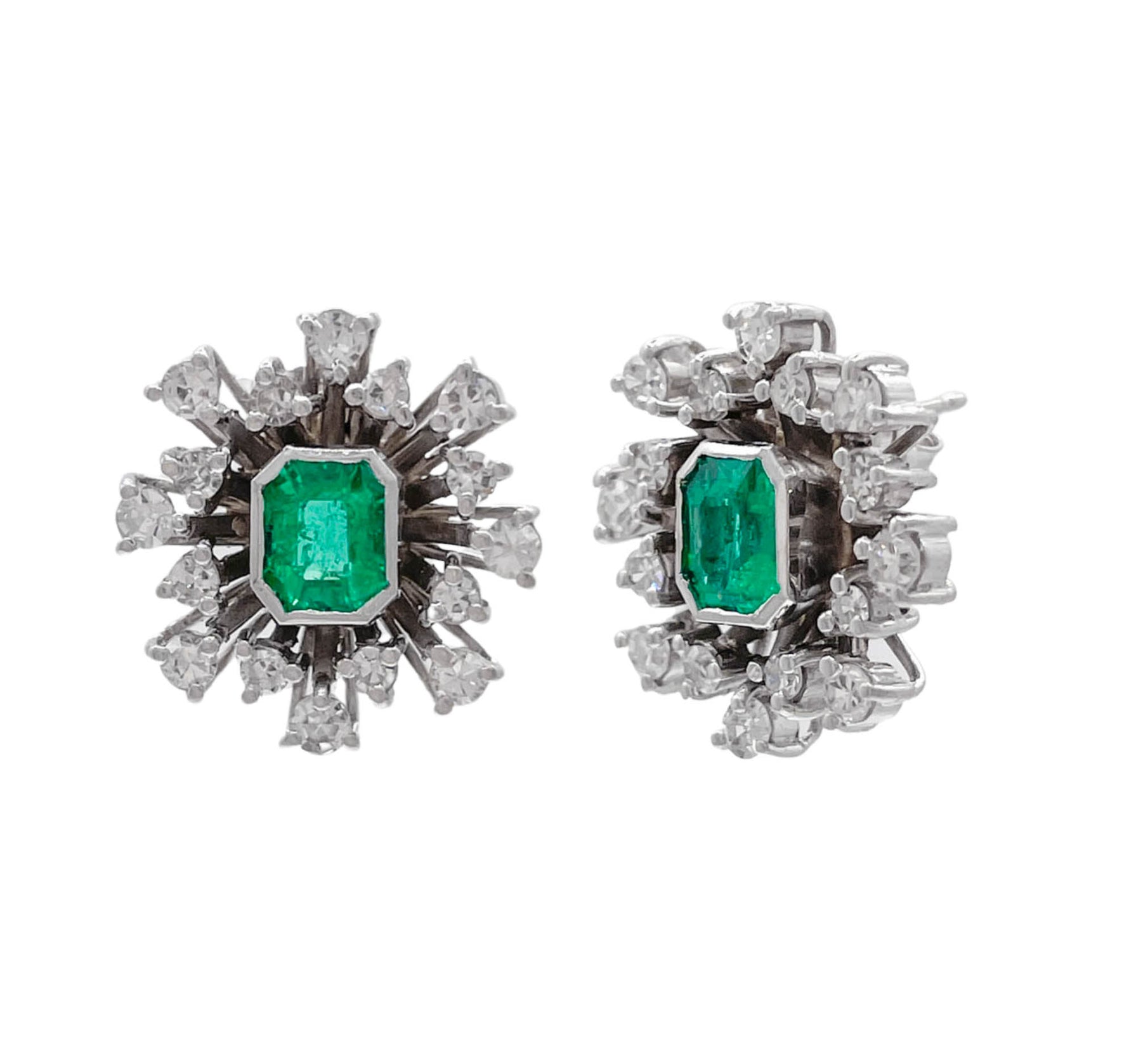 JAY FEDER 14K WHITE GOLD EMERALD DIAMOND BURST EARRINGS
