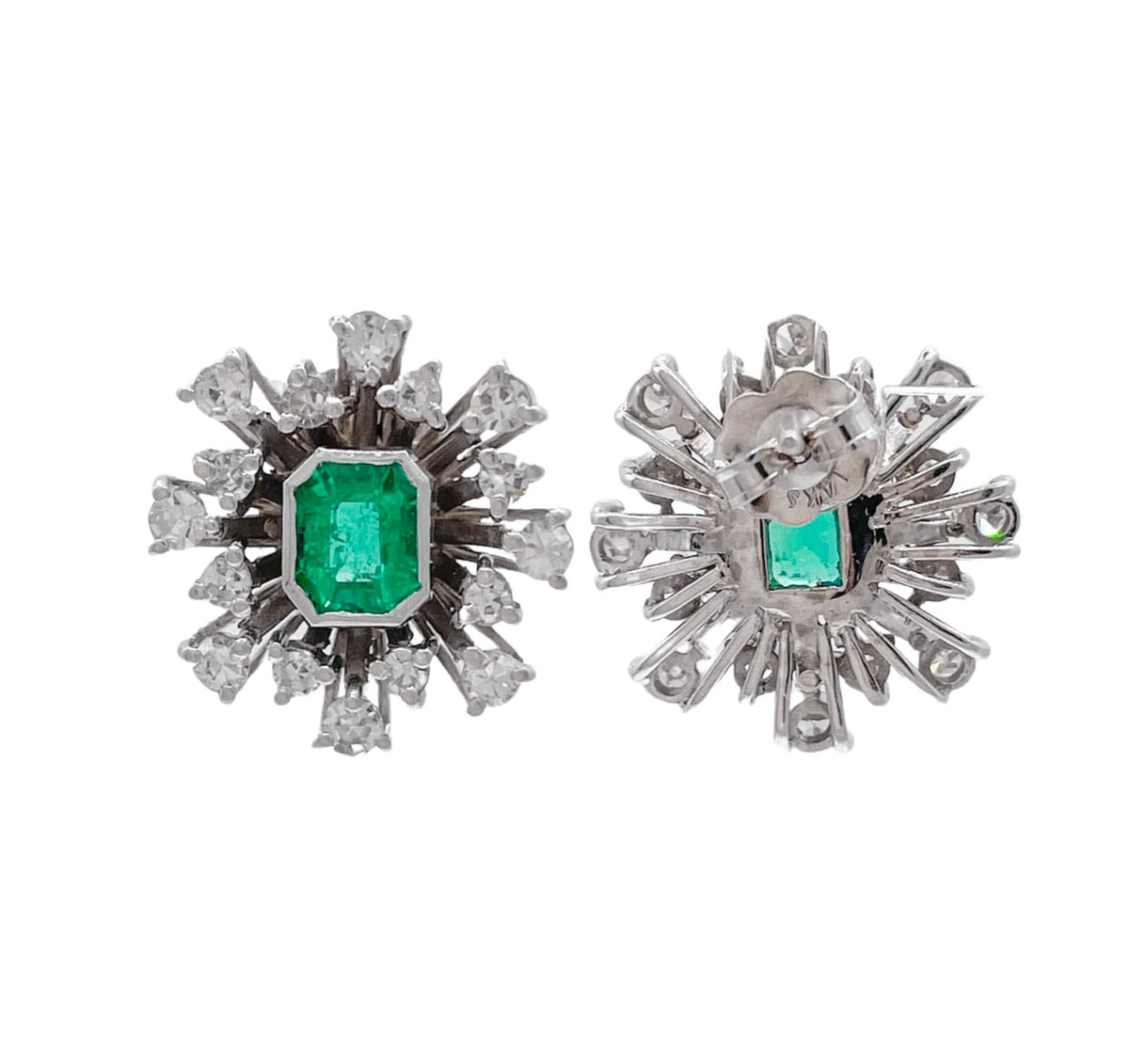 JAY FEDER 14K WHITE GOLD EMERALD DIAMOND BURST EARRINGS