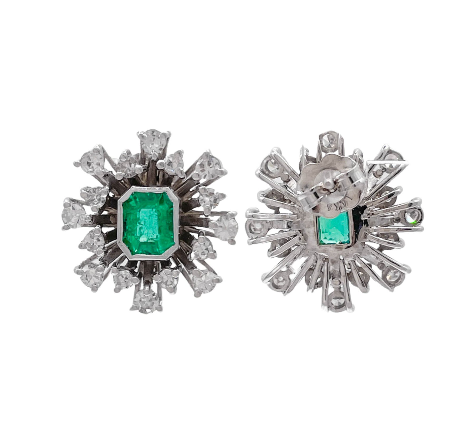 JAY FEDER 14K WHITE GOLD EMERALD DIAMOND BURST EARRINGS