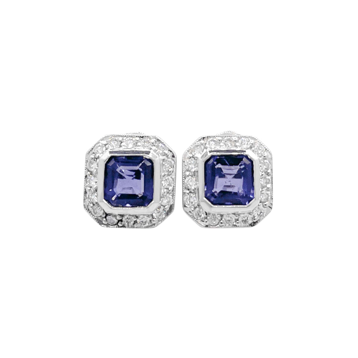 Jay Feder 18k White Gold Tanzanite and Diamond Halo Stud Earrings