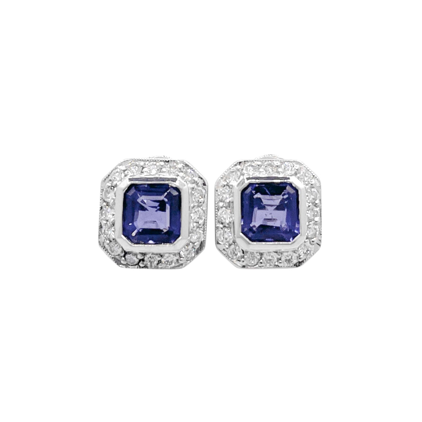Jay Feder 18k White Gold Tanzanite and Diamond Halo Stud Earrings
