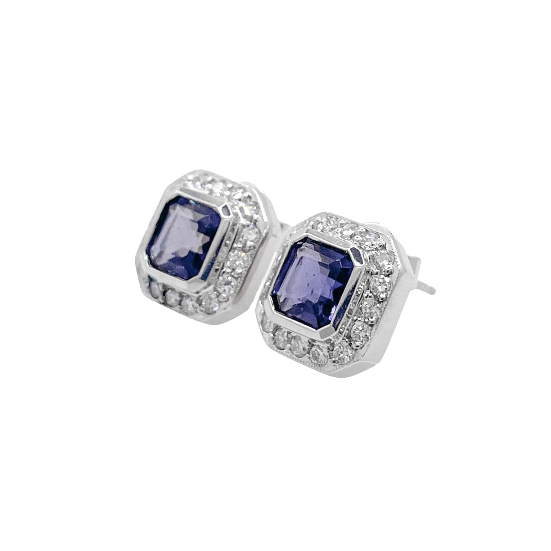 Jay Feder 18k White Gold Tanzanite and Diamond Halo Stud Earrings