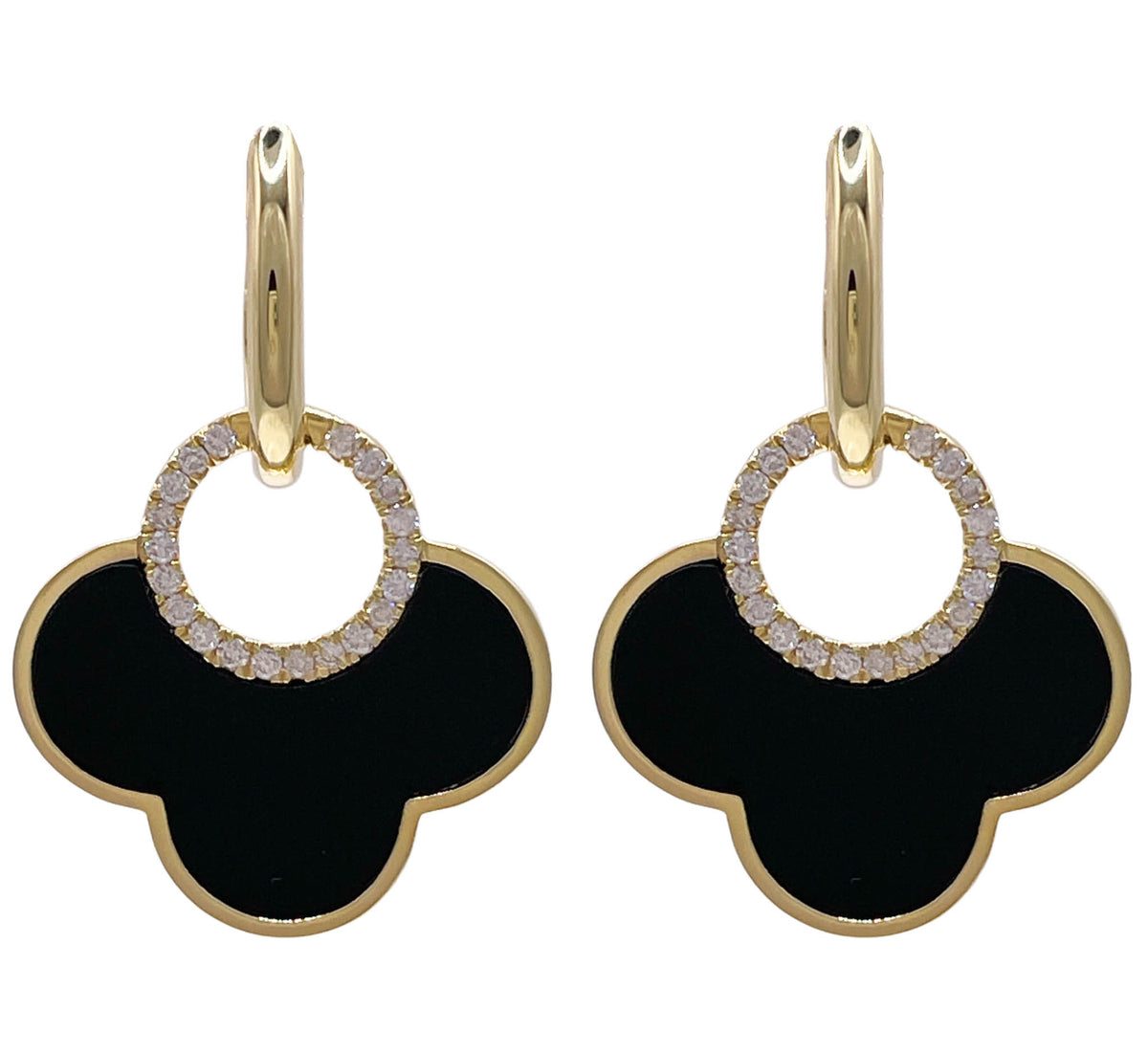 JAY FEDER 14K YELLOW GOLD DIAMOND BLACK ONYX CLOVER EARRINGS