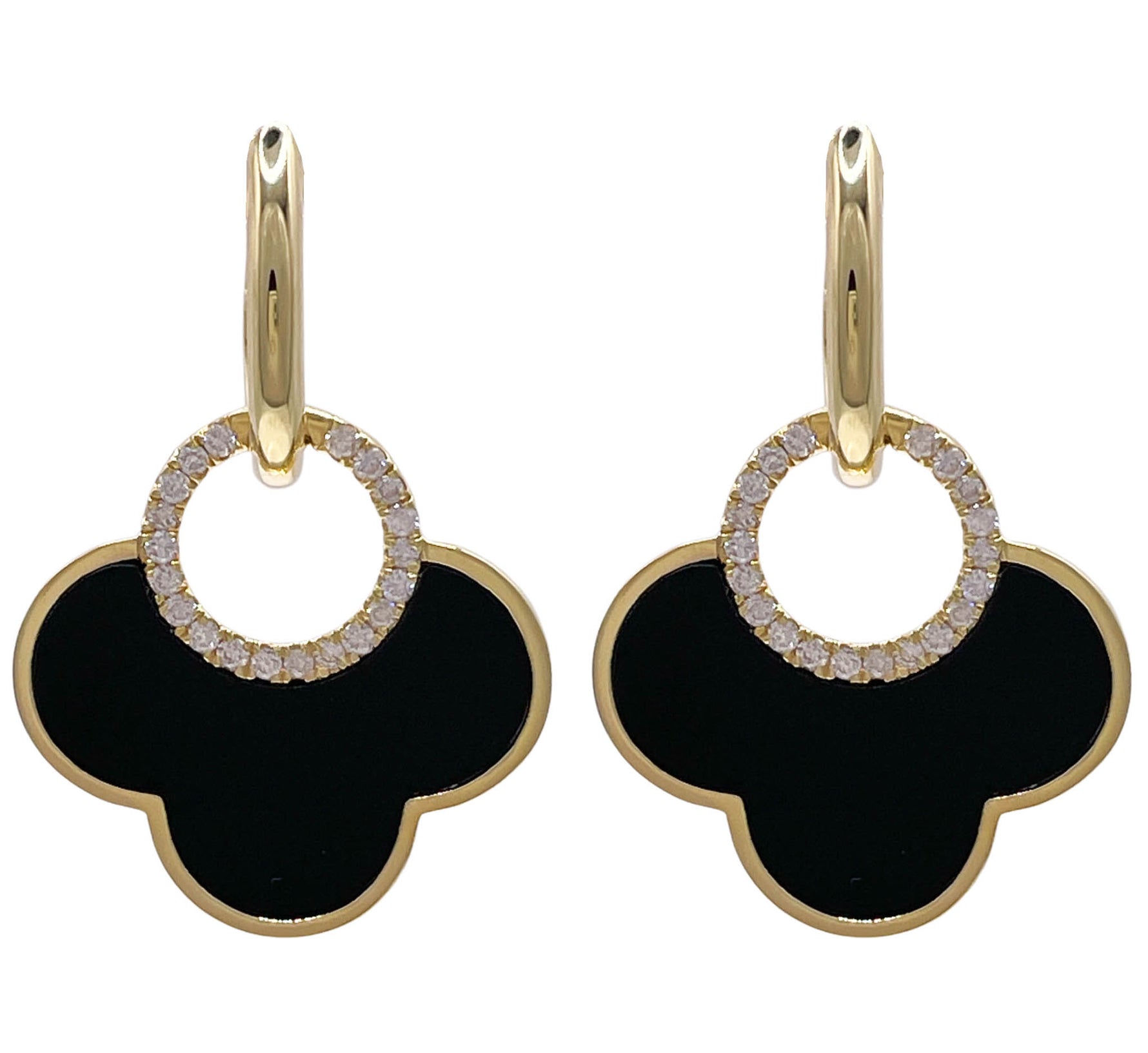 JAY FEDER 14K YELLOW GOLD DIAMOND BLACK ONYX CLOVER EARRINGS
