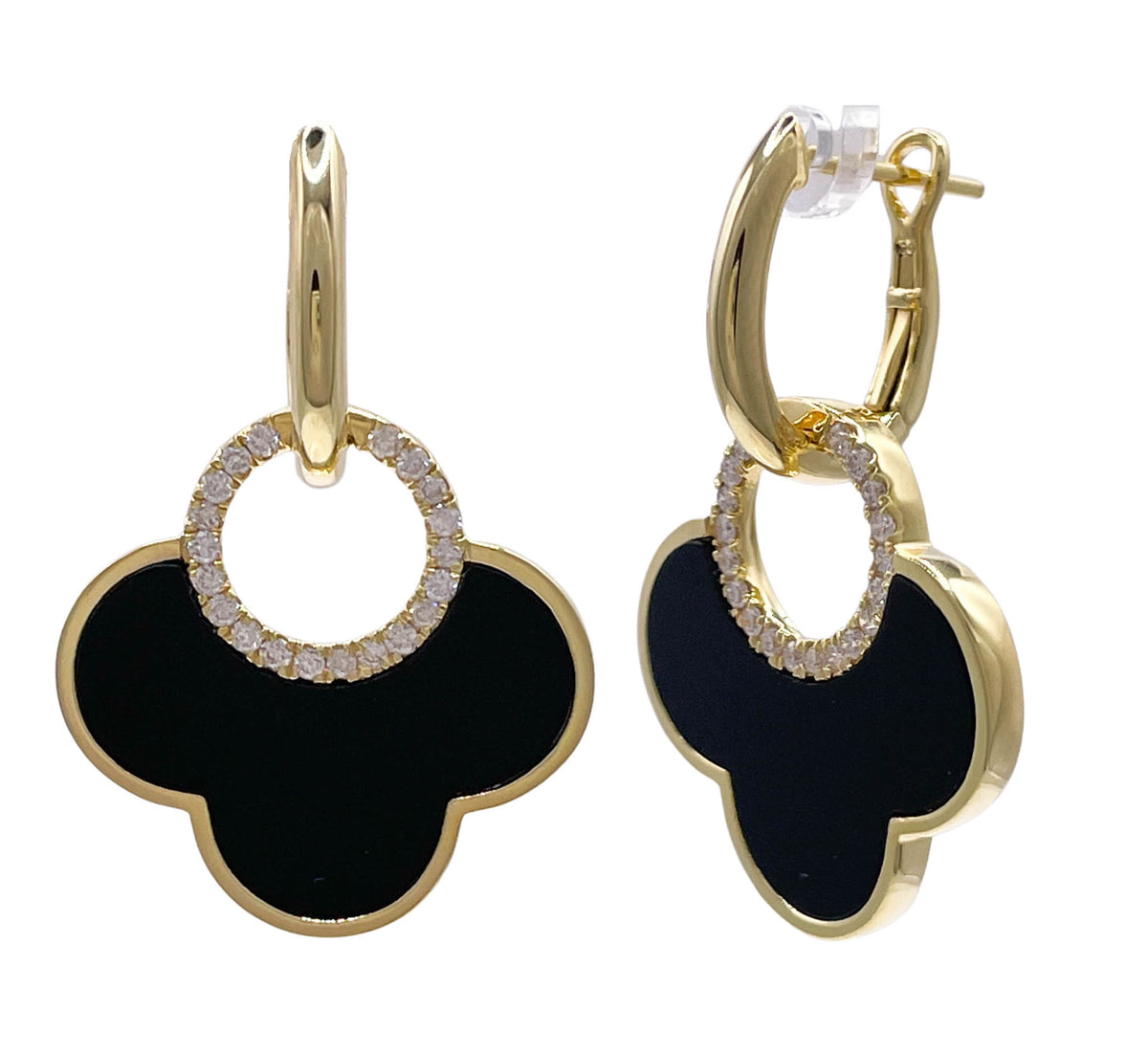 JAY FEDER 14K YELLOW GOLD DIAMOND BLACK ONYX CLOVER EARRINGS