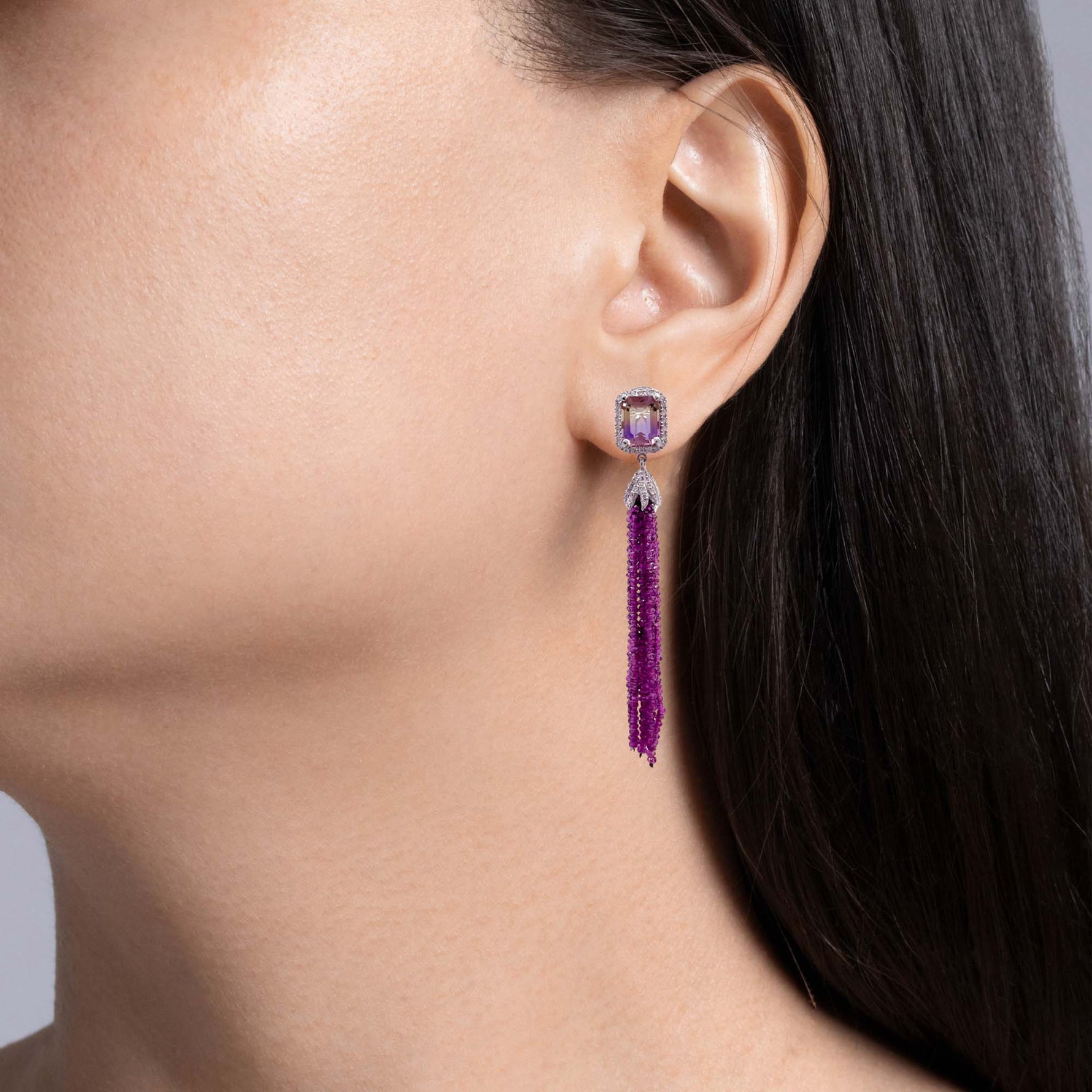 Jay Feder 14k White Gold Amethyst and Diamond Tassel Drop Dangle Earrings