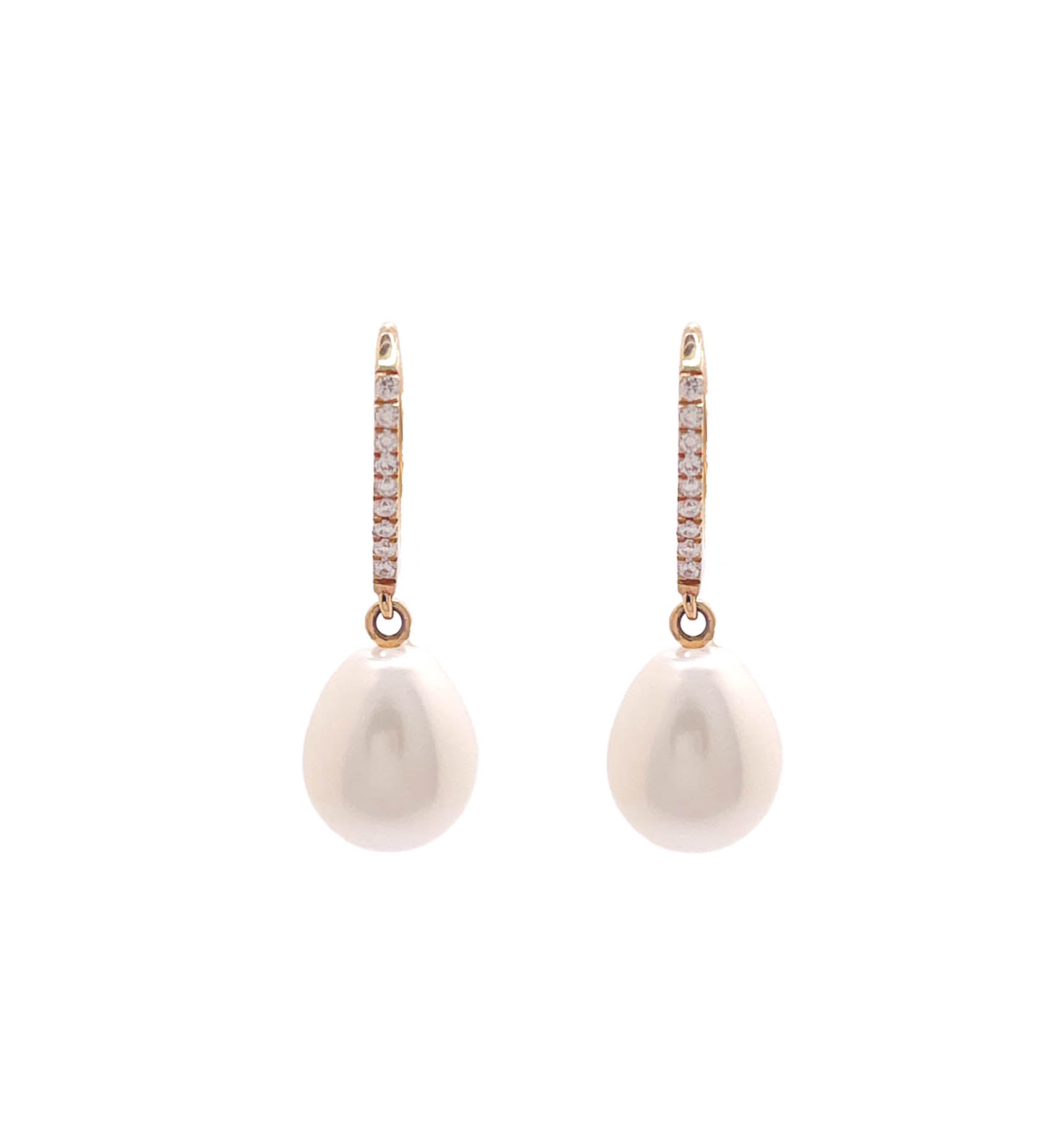 JAY FEDER 14K YELLOW GOLD PEARL AND DIAMOND DANGLE EARRINGS