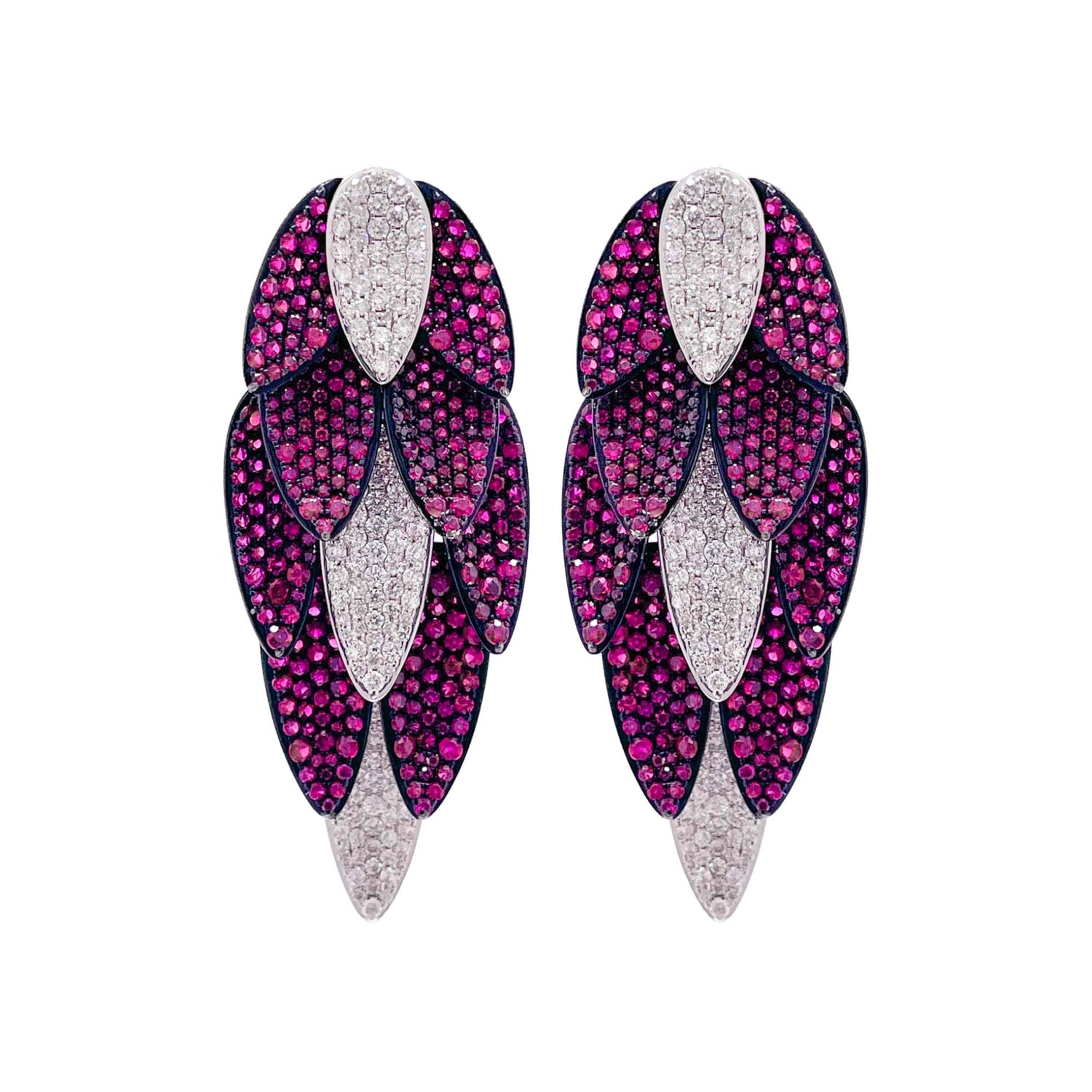 Sutra 18k White Gold Ruby and Diamond Leaves Drop Earrings