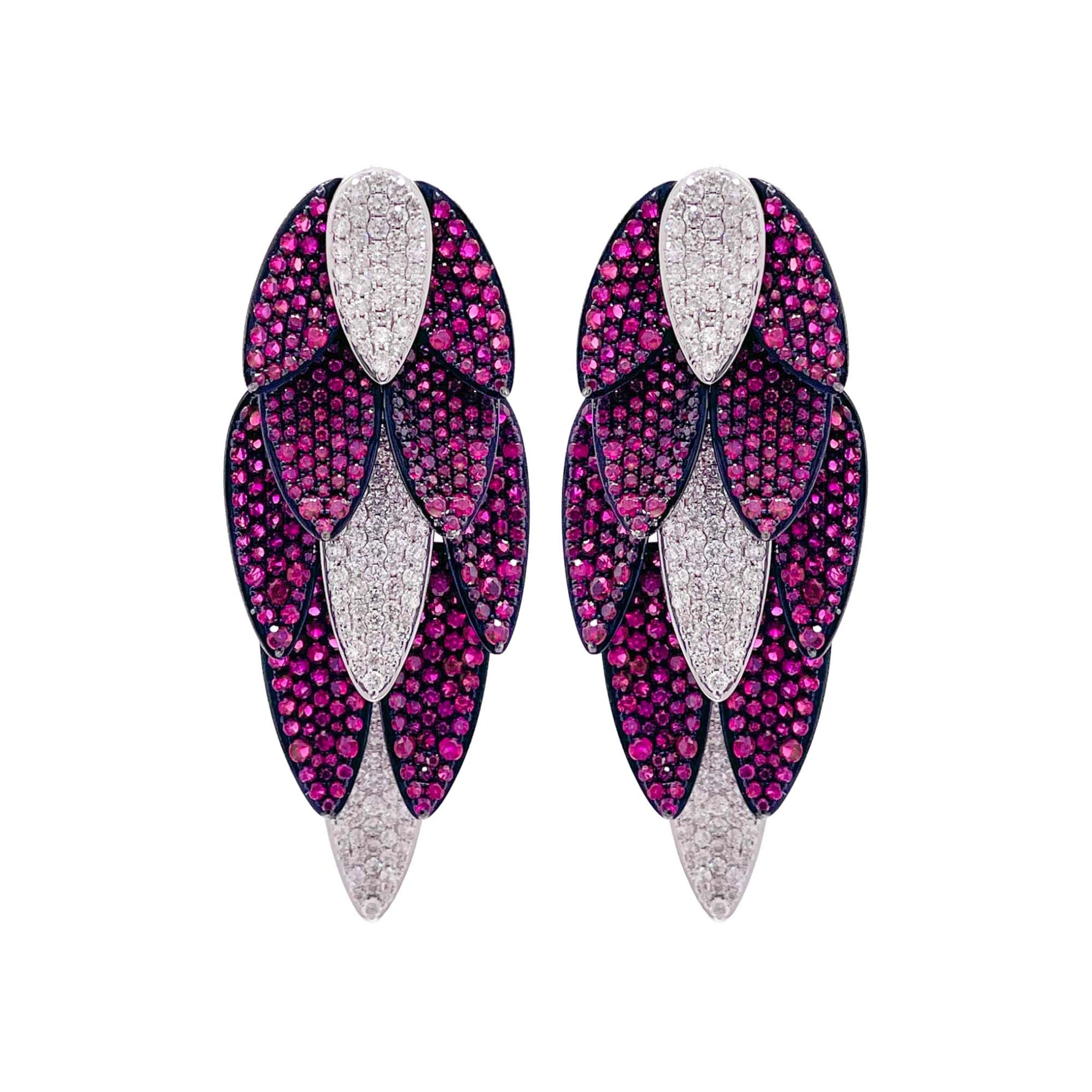 Sutra 18k White Gold Ruby and Diamond Leaves Drop Earrings