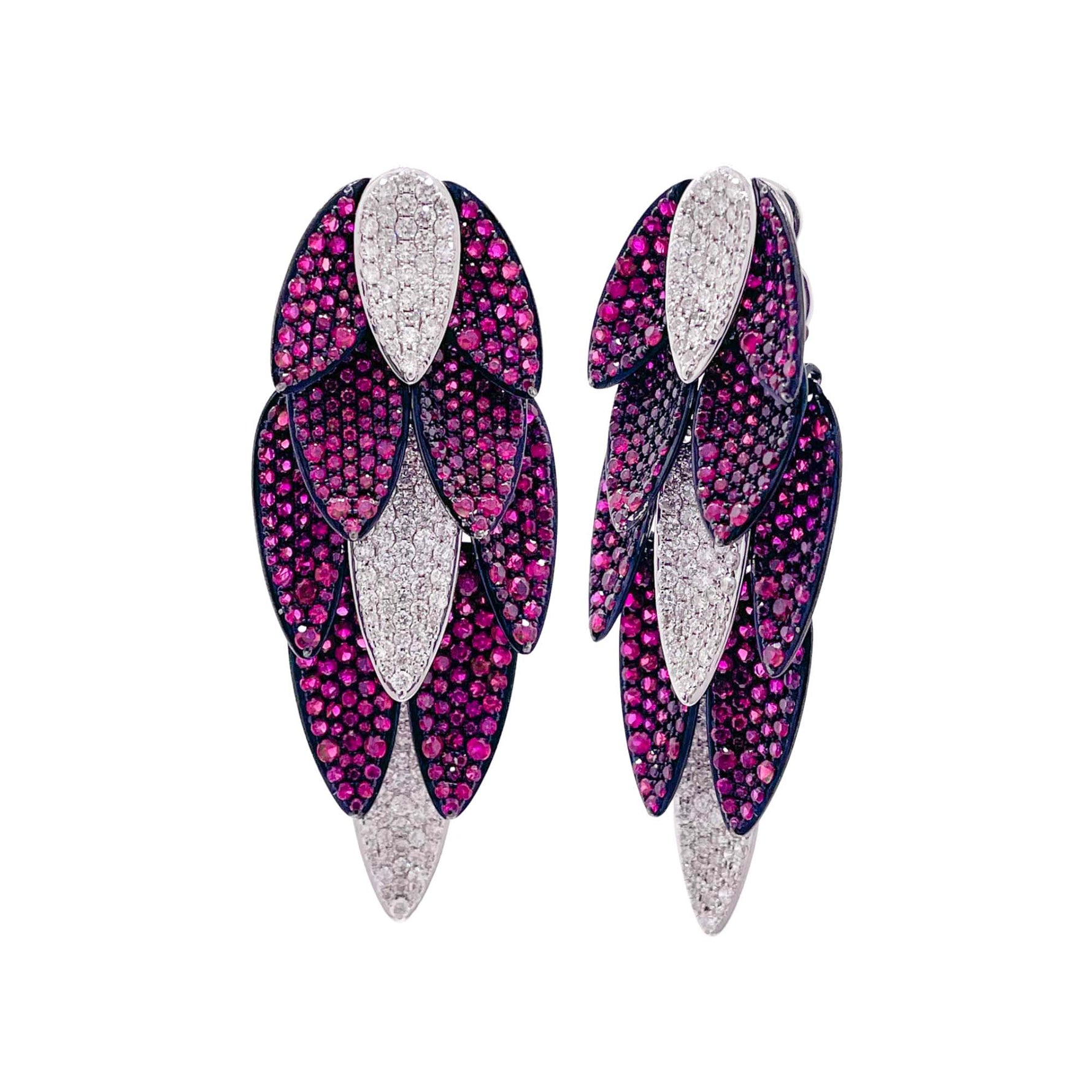 Sutra 18k White Gold Ruby and Diamond Leaves Drop Earrings