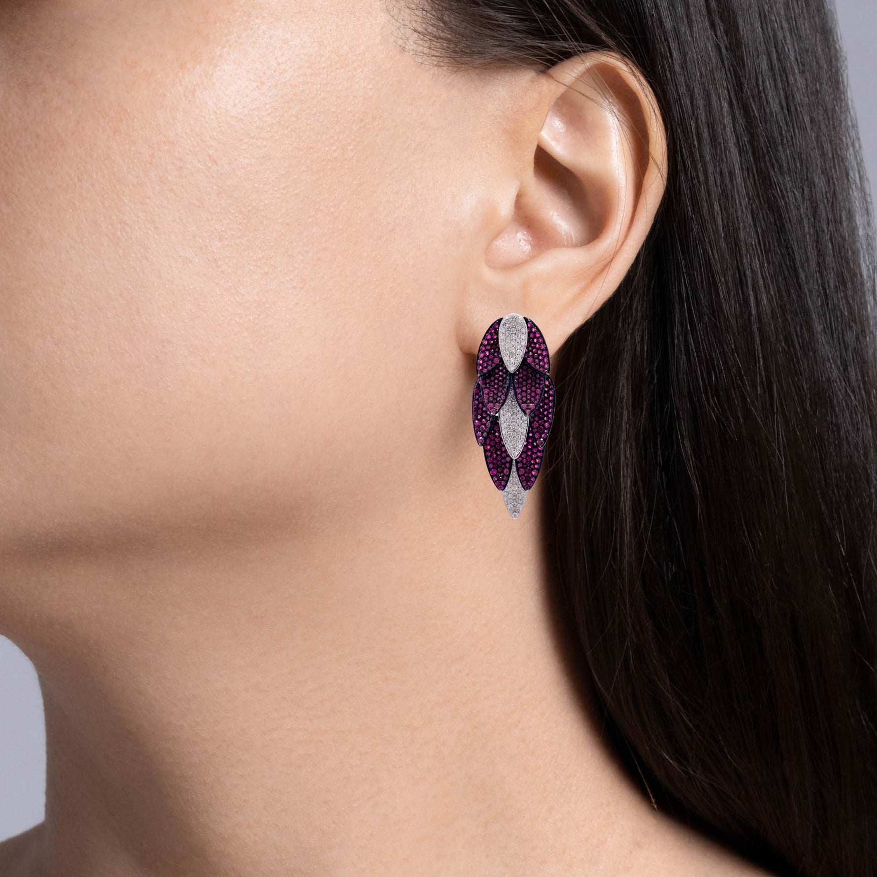 Sutra 18k White Gold Ruby and Diamond Leaves Drop Earrings