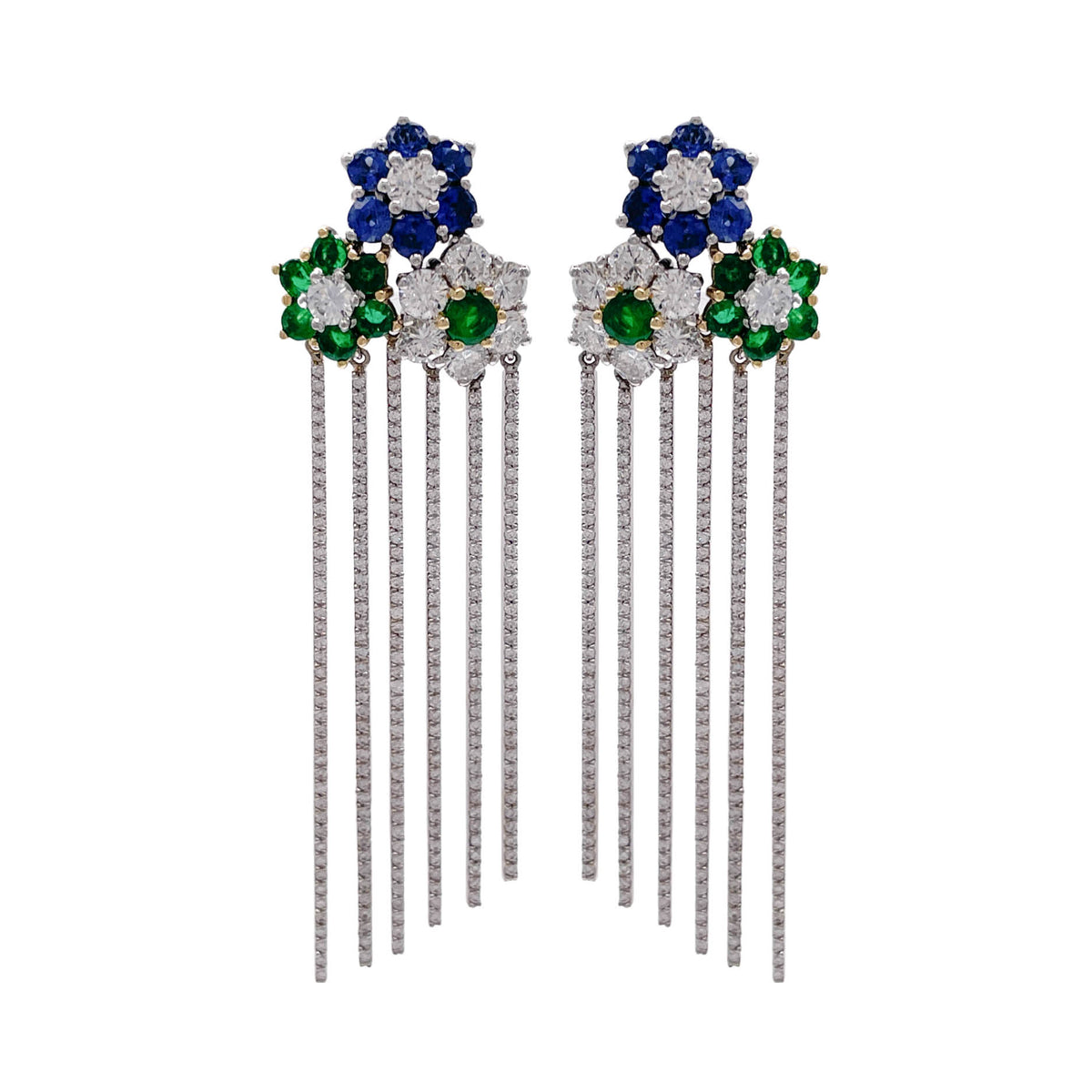 JAY FEDER 18K TWO TONE GOLD DIAMOND SAPPHIRE EMERALD FLOWER FRINGE EARRINGS