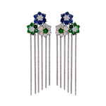 JAY FEDER 18K TWO TONE GOLD DIAMOND SAPPHIRE EMERALD FLOWER FRINGE EARRINGS