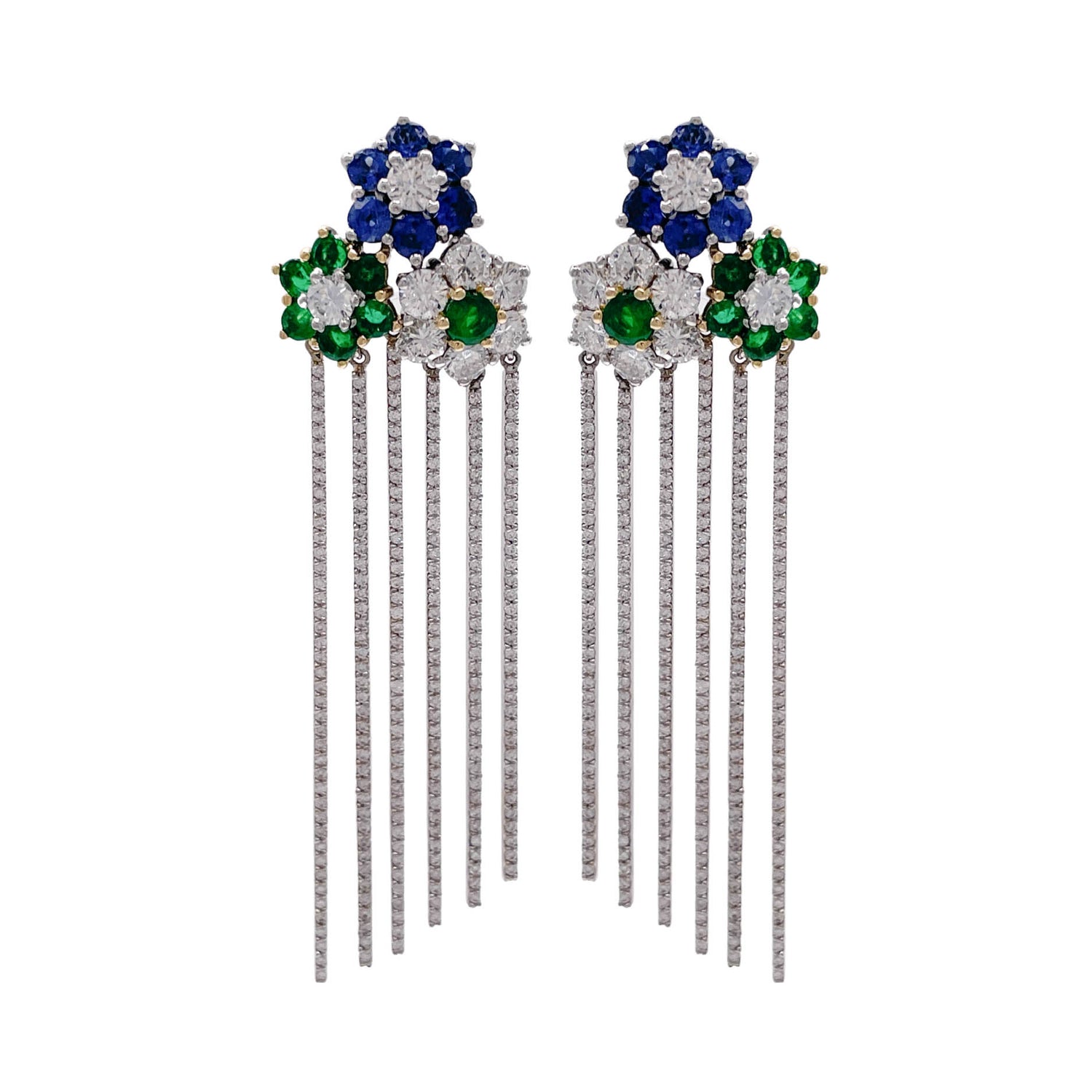 JAY FEDER 18K TWO TONE GOLD DIAMOND SAPPHIRE EMERALD FLOWER FRINGE EARRINGS