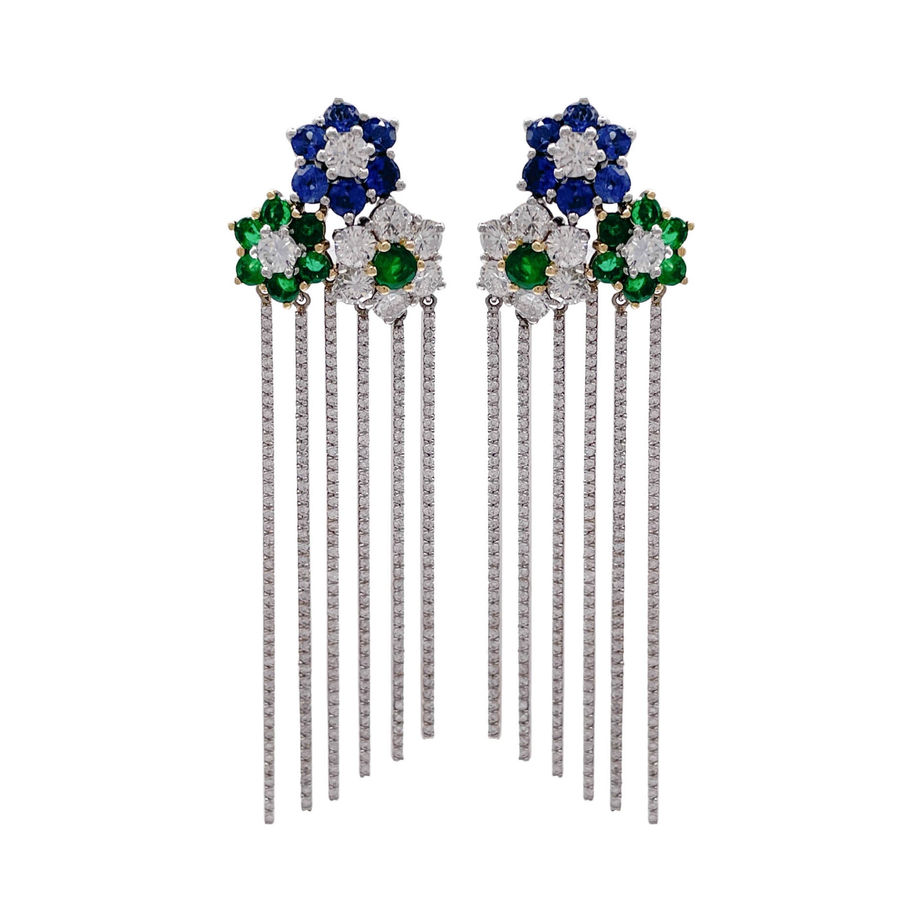 JAY FEDER 18K TWO TONE GOLD DIAMOND SAPPHIRE EMERALD FLOWER FRINGE EARRINGS