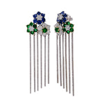 JAY FEDER 18K TWO TONE GOLD DIAMOND SAPPHIRE EMERALD FLOWER FRINGE EARRINGS