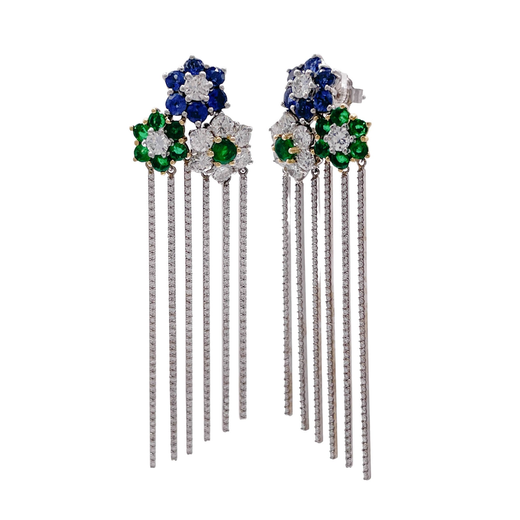 JAY FEDER 18K TWO TONE GOLD DIAMOND SAPPHIRE EMERALD FLOWER FRINGE EARRINGS