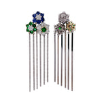JAY FEDER 18K TWO TONE GOLD DIAMOND SAPPHIRE EMERALD FLOWER FRINGE EARRINGS