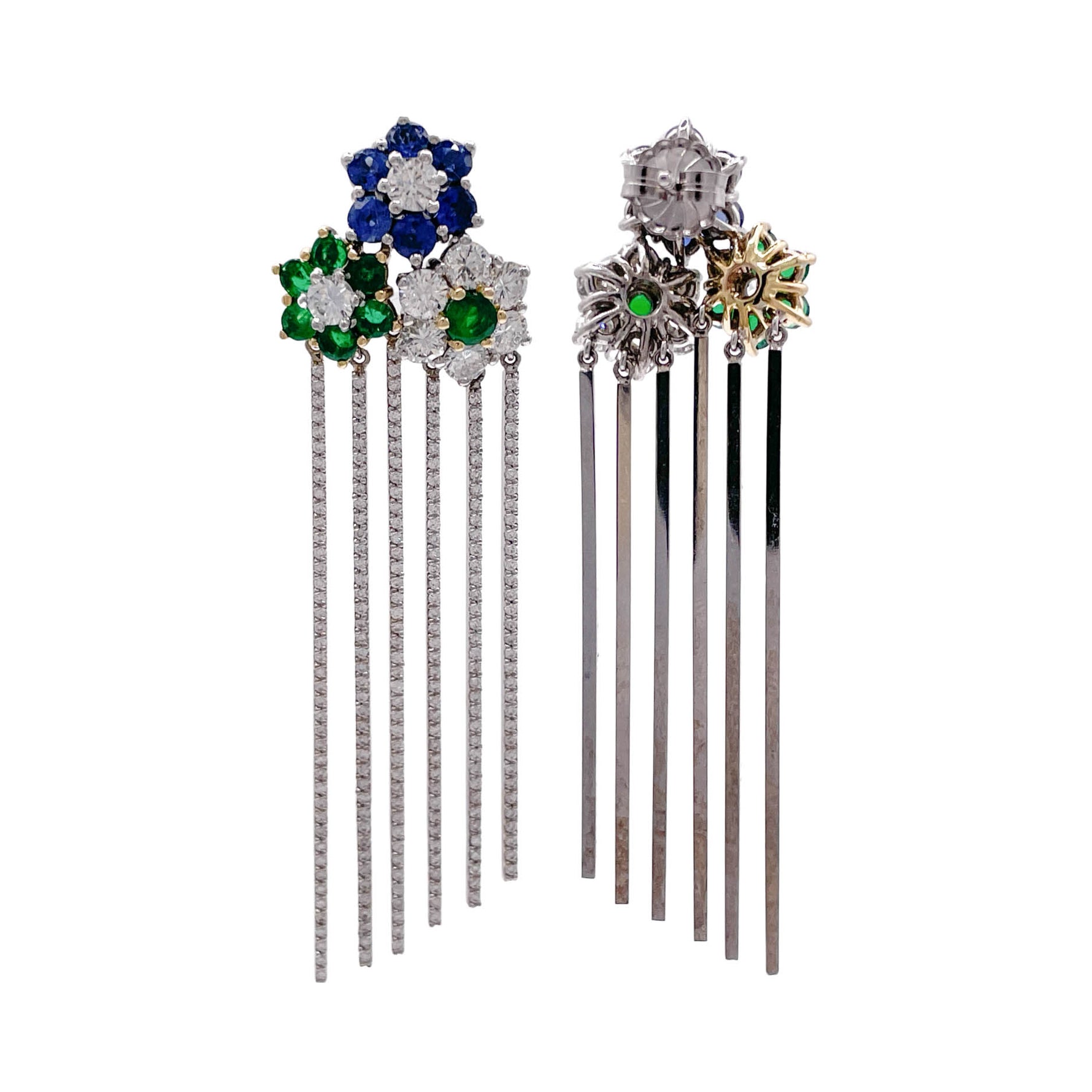 JAY FEDER 18K TWO TONE GOLD DIAMOND SAPPHIRE EMERALD FLOWER FRINGE EARRINGS