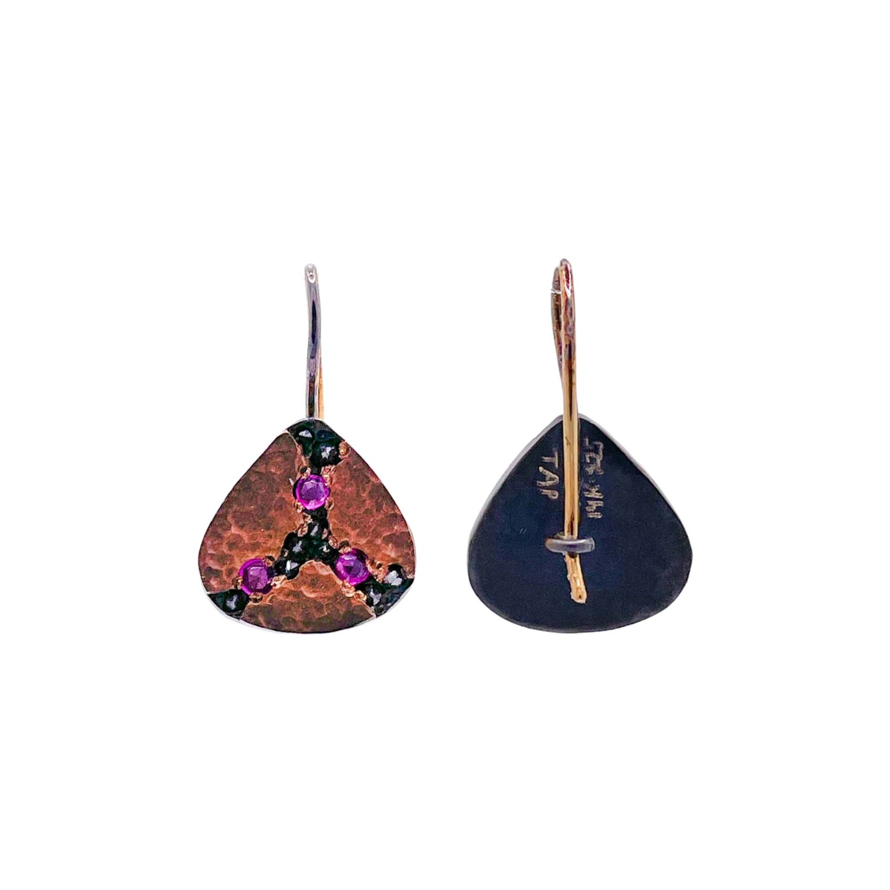 Jay Feder Blackened 18k Yellow/ 14k Rose Gold Ruby Diamond Inverted Drop Earrings