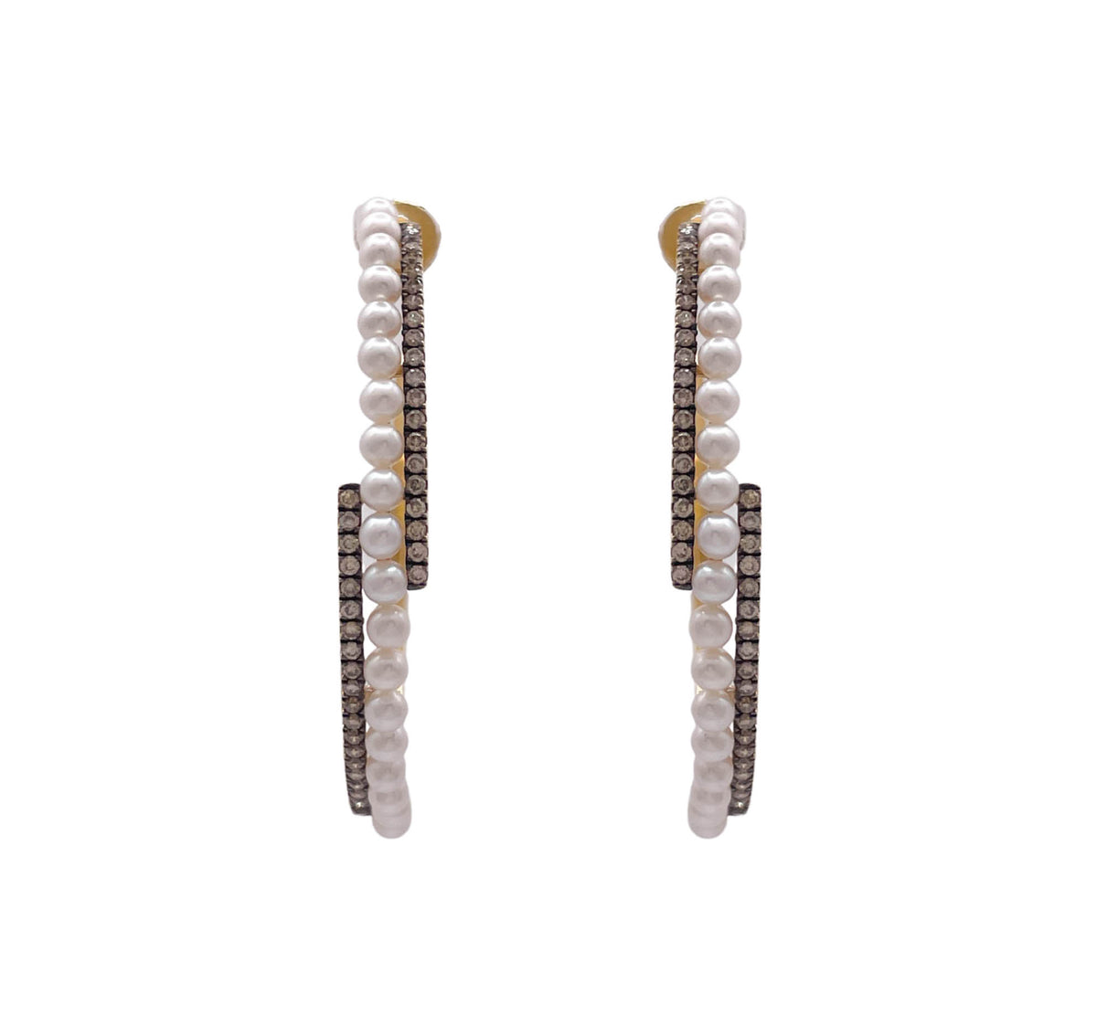 JAY FEDER 18K YELLOW GOLD PEARL AND DIAMOND HOOP EARRINGS