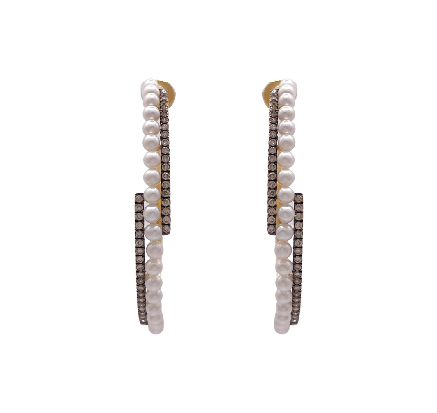 JAY FEDER 18K YELLOW GOLD PEARL AND DIAMOND HOOP EARRINGS