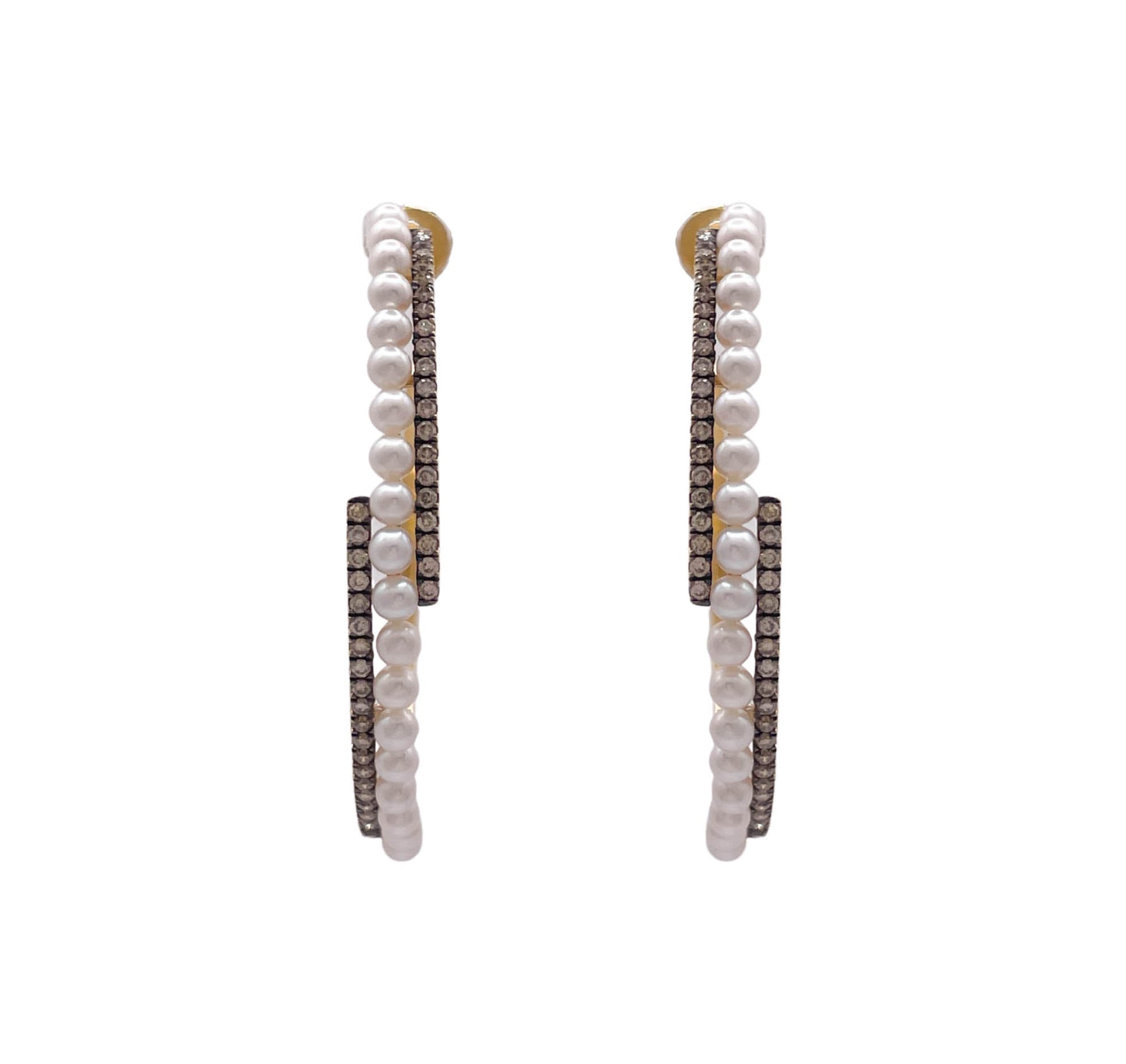 JAY FEDER 18K YELLOW GOLD PEARL AND DIAMOND HOOP EARRINGS