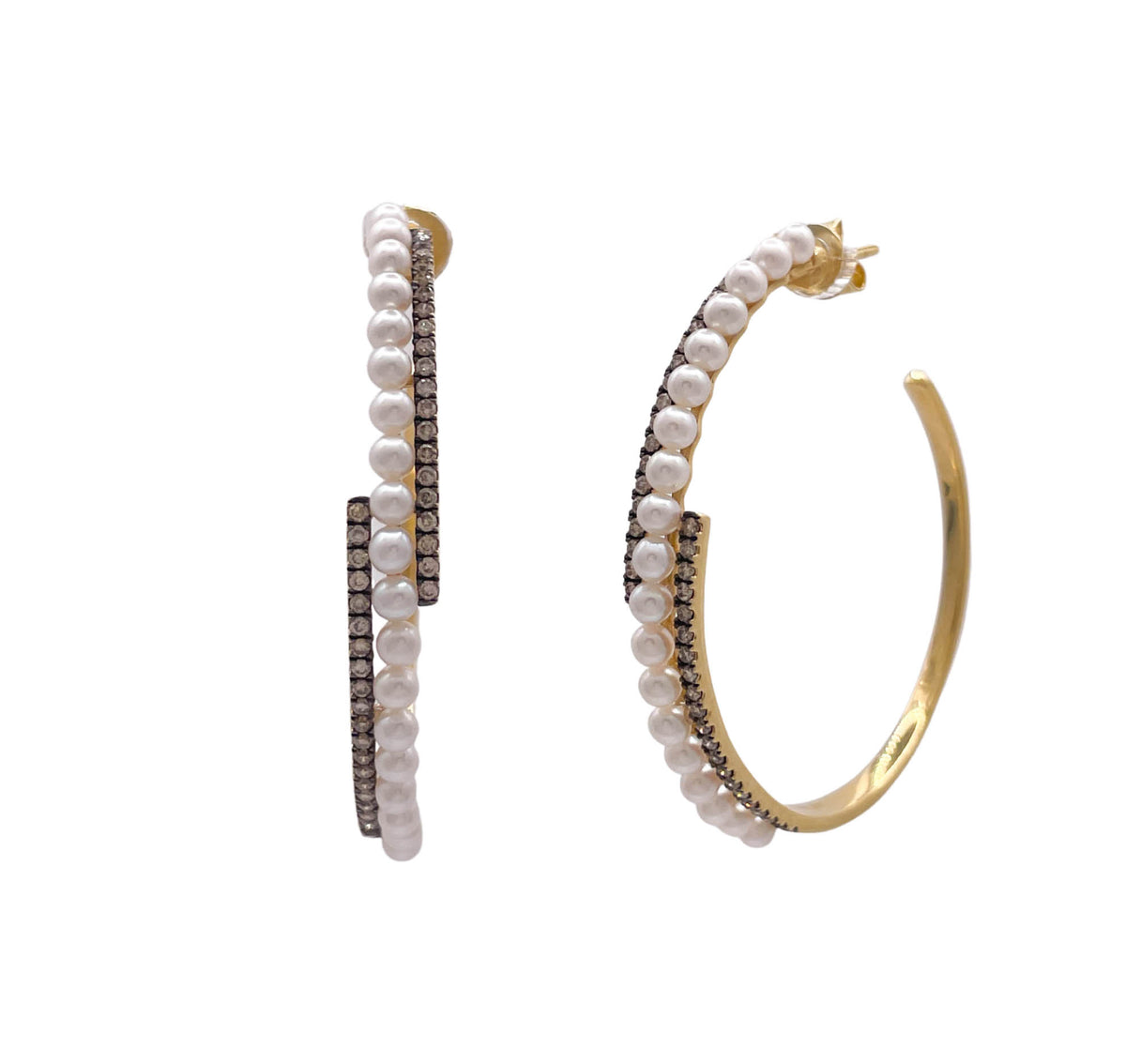 JAY FEDER 18K YELLOW GOLD PEARL AND DIAMOND HOOP EARRINGS
