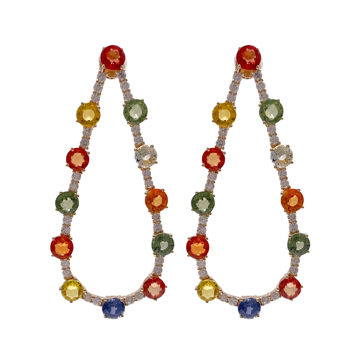 JAY FEDER 14K YELLOW GOLD MULTI SAPPHIRE DIAMOND TEAR SHAPE EARRINGS