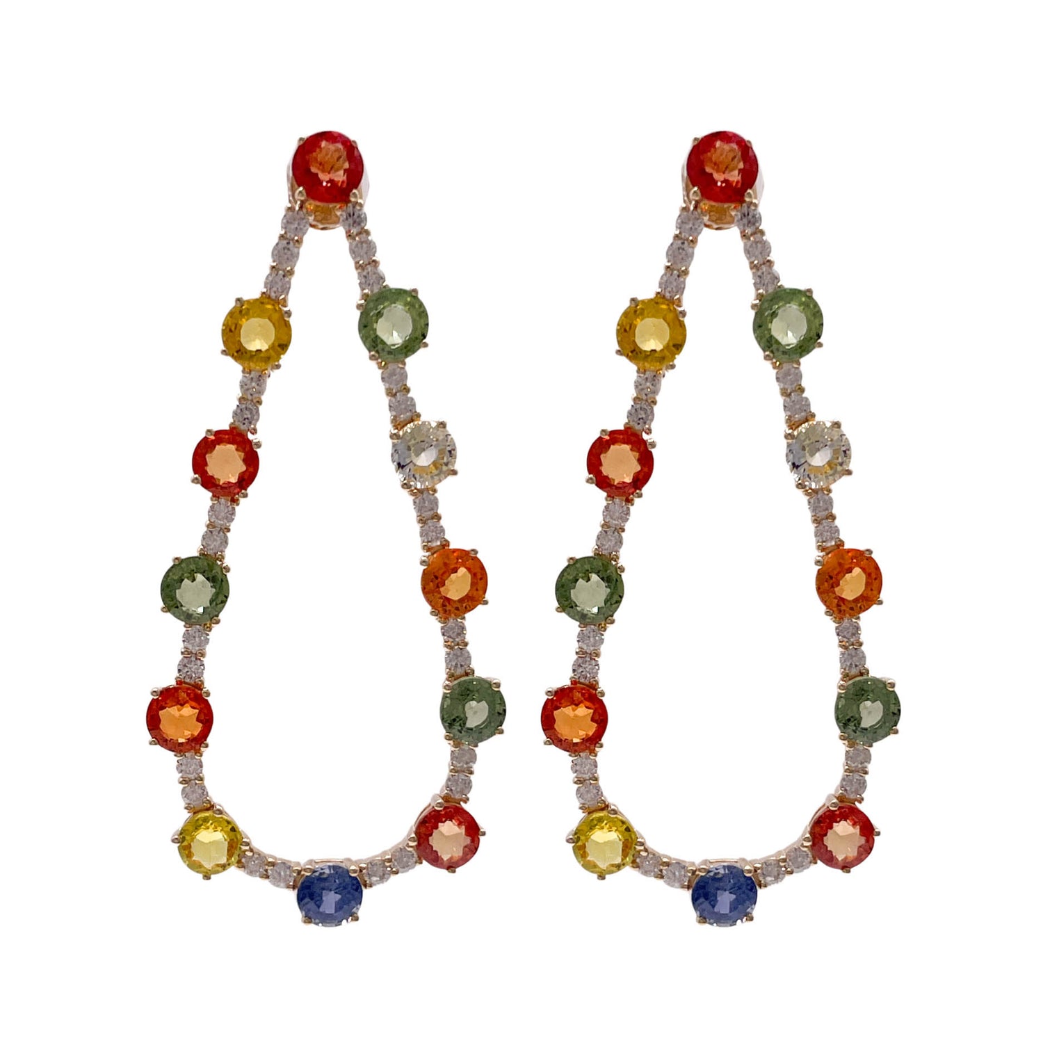 JAY FEDER 14K YELLOW GOLD MULTI SAPPHIRE DIAMOND TEAR SHAPE EARRINGS