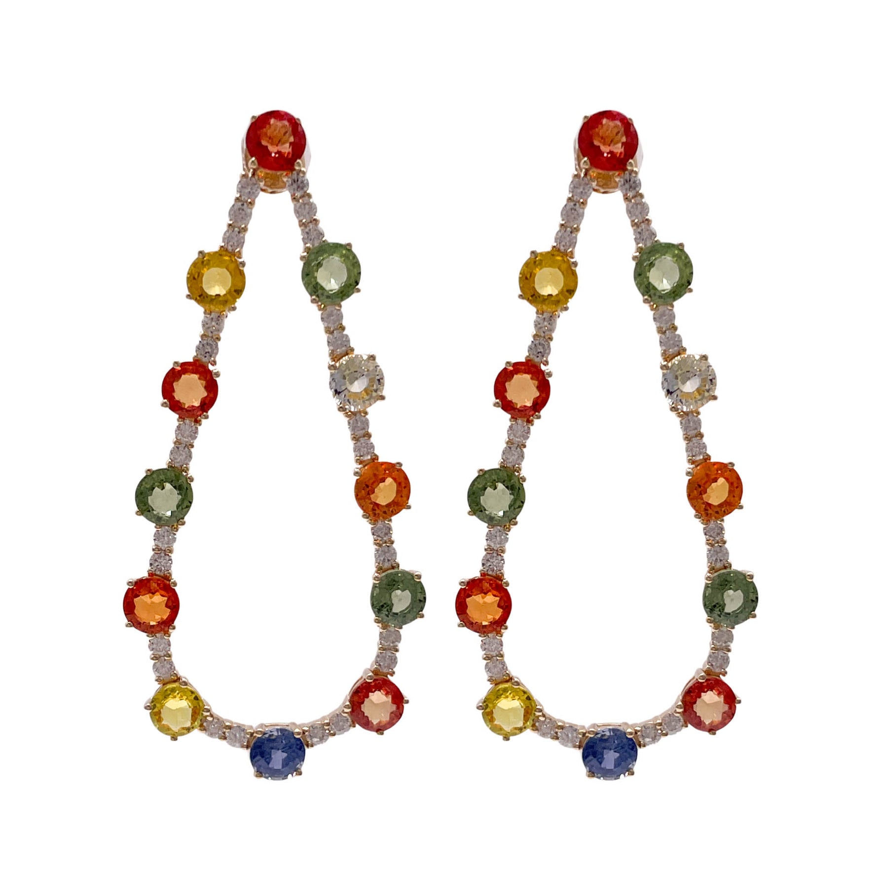 JAY FEDER 14K YELLOW GOLD MULTI SAPPHIRE DIAMOND TEAR SHAPE EARRINGS