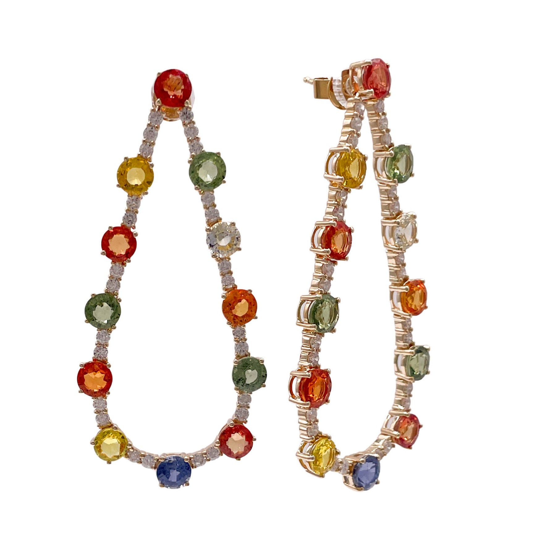 JAY FEDER 14K YELLOW GOLD MULTI SAPPHIRE DIAMOND TEAR SHAPE EARRINGS