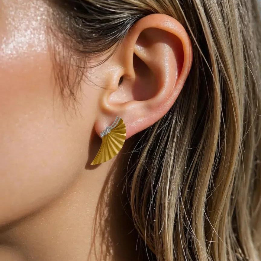 18K Two Tone Gold Diamond Fan Earrings