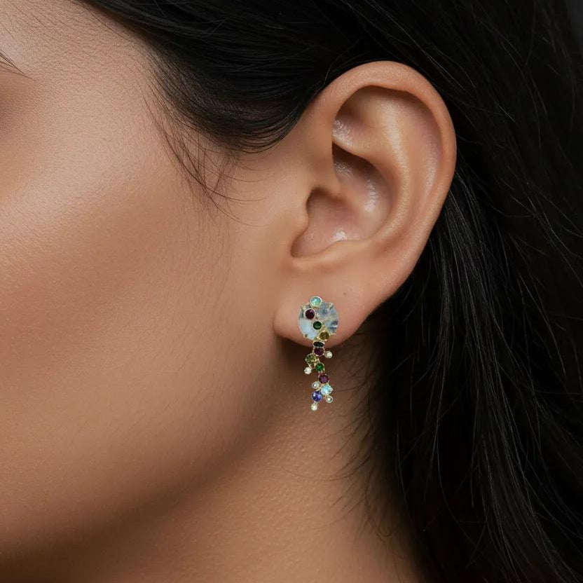 18K Yellow Gold Moonstone Multicolor Drop Earrings