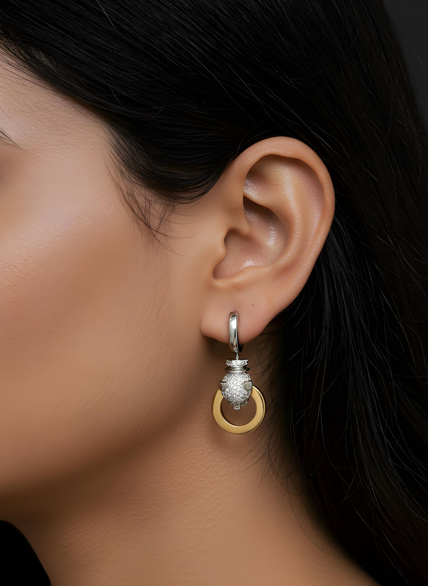 14K Two Tone Gold Diamond Leopard Circle Hoop Earrings