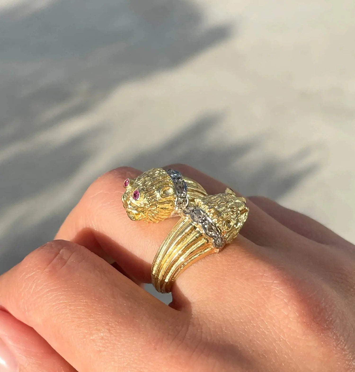 18K Yellow Gold Diamond Pink Sapphire Lion Ring