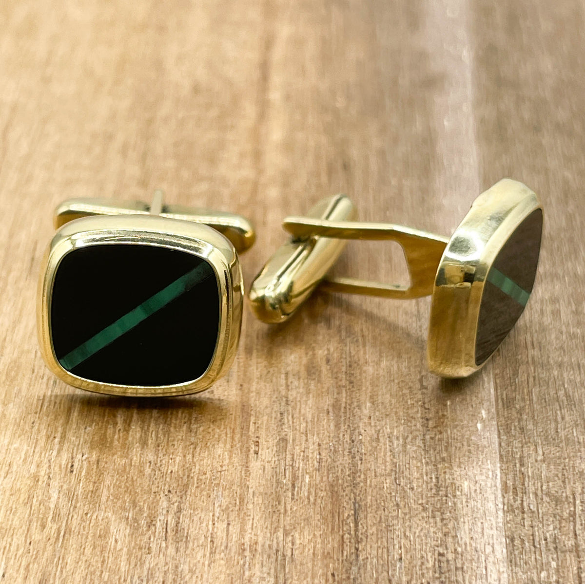 Jay Feder 14K Yellow Gold Onyx & Malachite Cufflinks