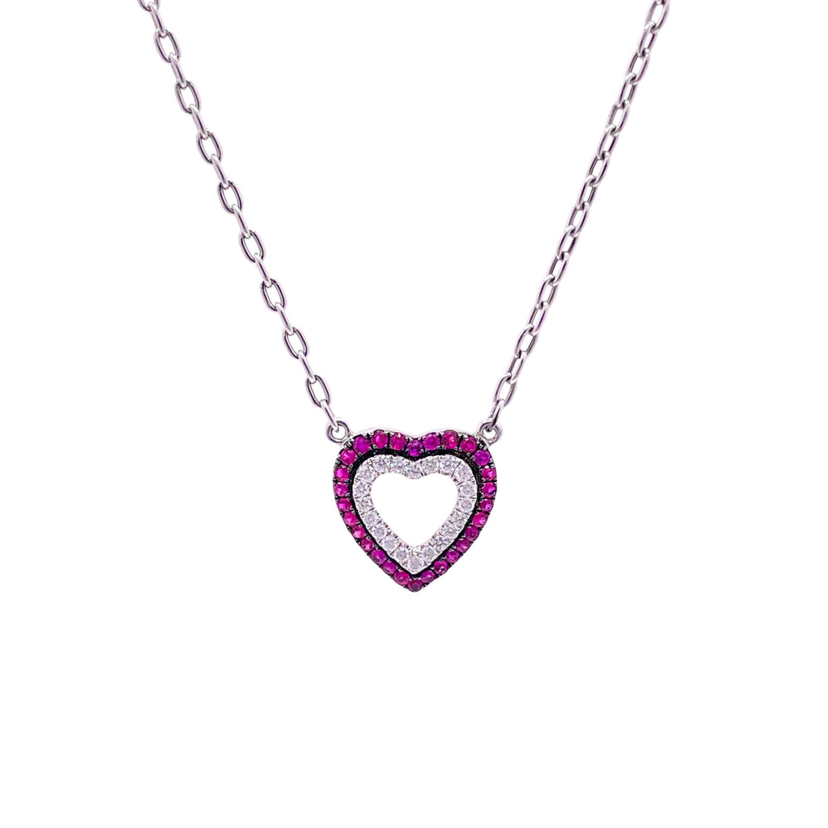 Jay Feder 18k White Gold Ruby and Diamond Heart Pendant Necklace