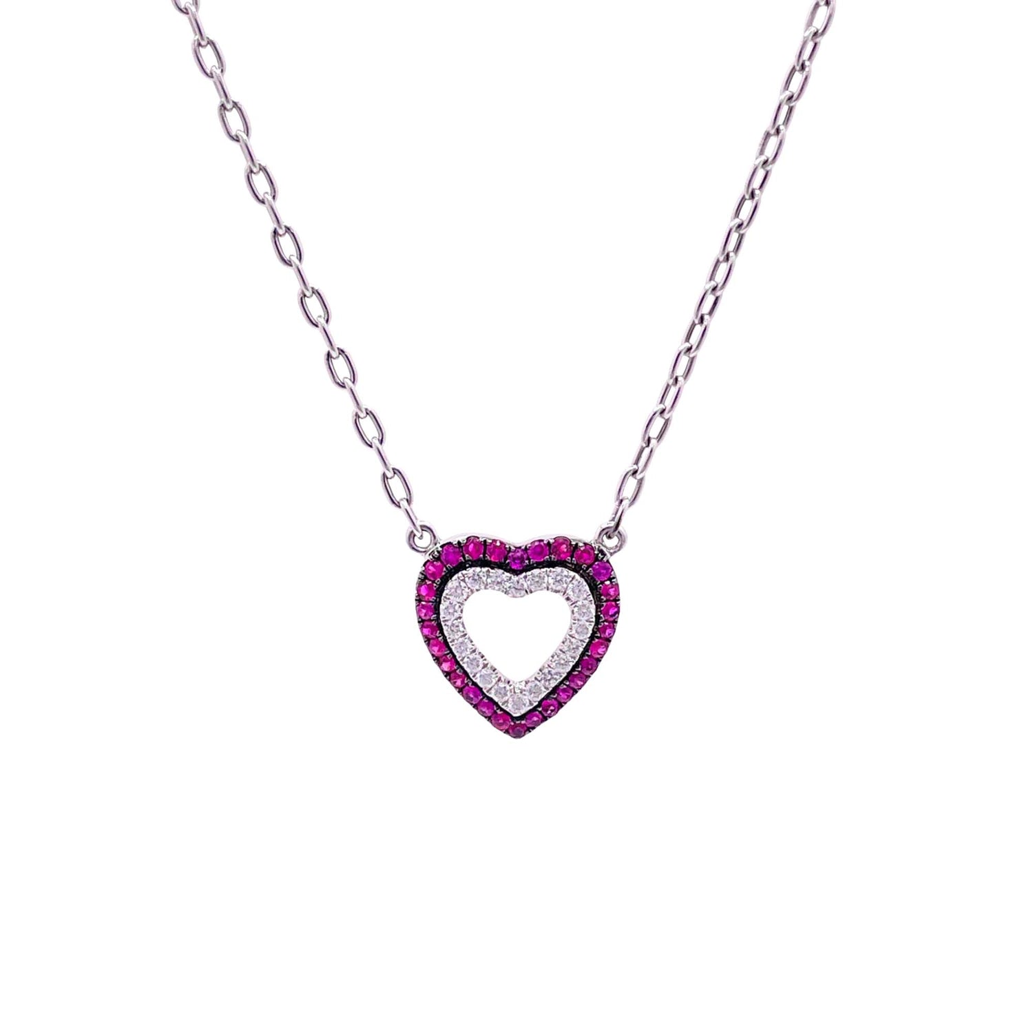 Jay Feder 18k White Gold Ruby and Diamond Heart Pendant Necklace