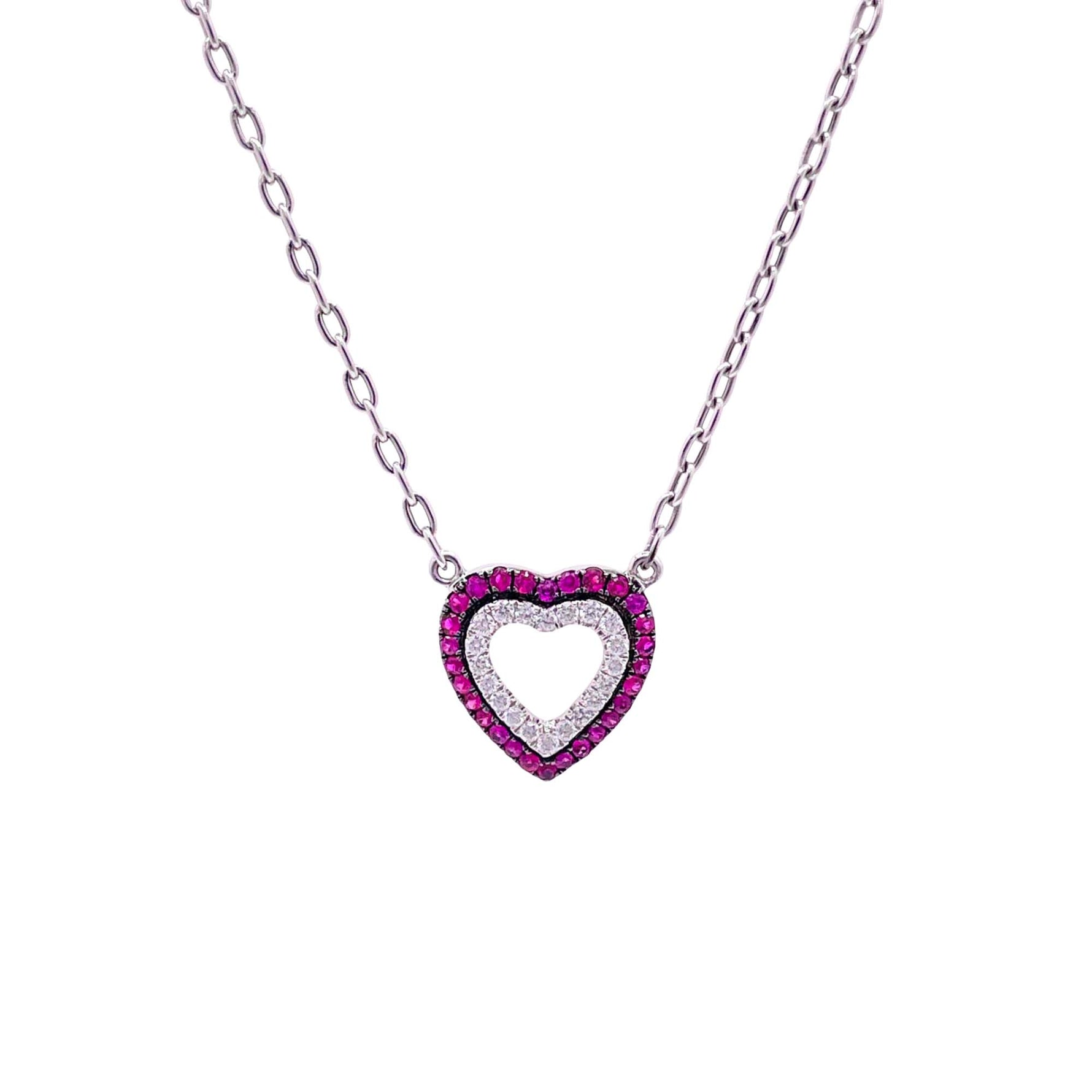 Jay Feder 18k White Gold Ruby and Diamond Heart Pendant Necklace
