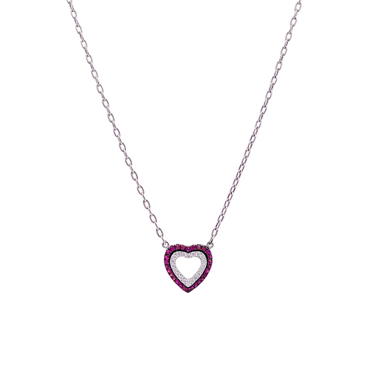 Jay Feder 18k White Gold Ruby and Diamond Heart Pendant Necklace