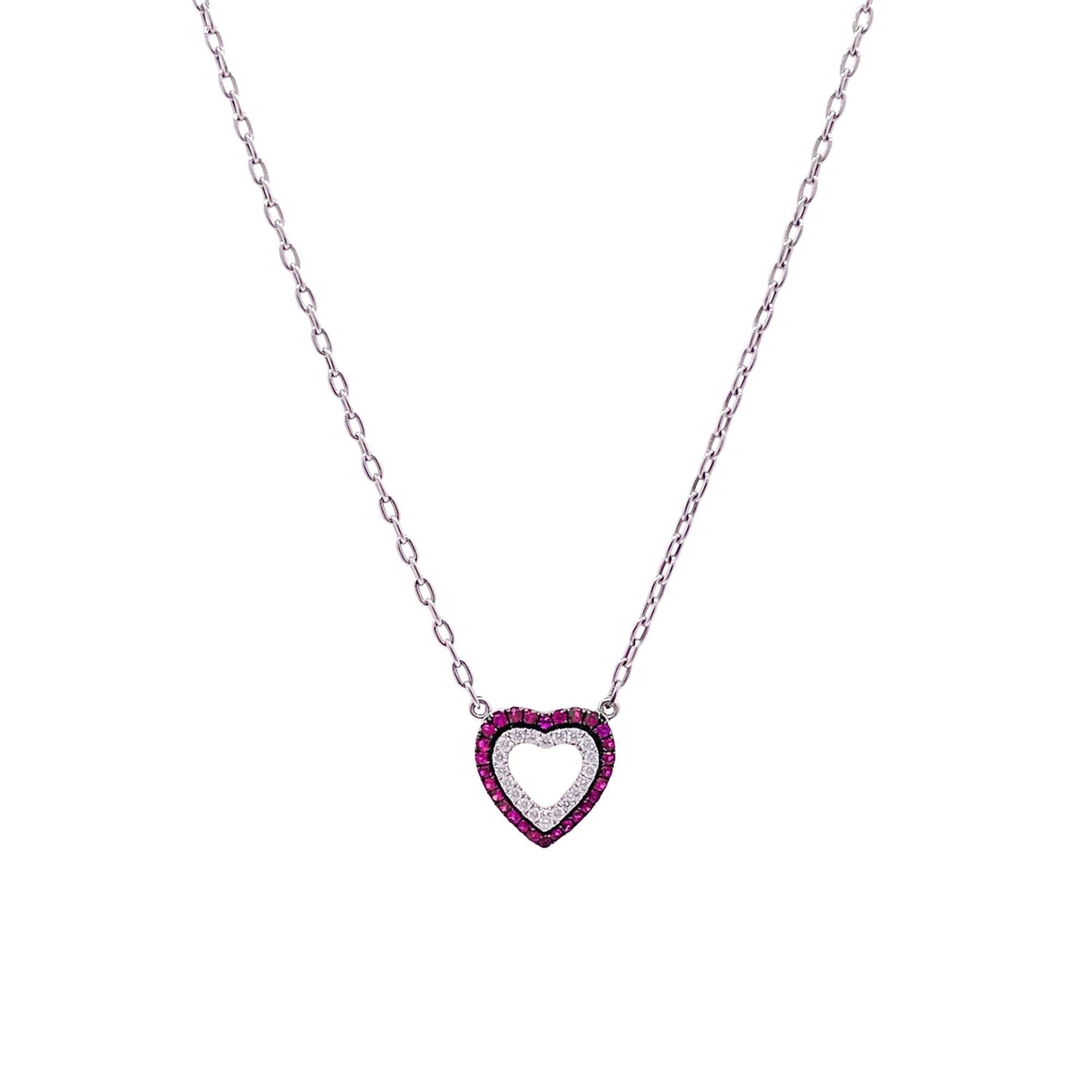 Jay Feder 18k White Gold Ruby and Diamond Heart Pendant Necklace