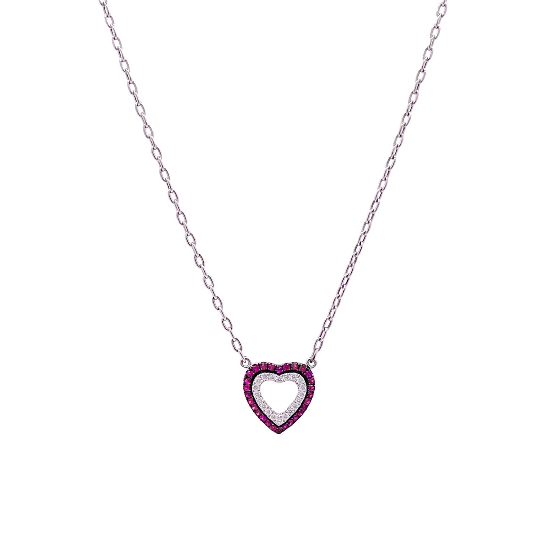 Jay Feder 18k White Gold Ruby and Diamond Heart Pendant Necklace