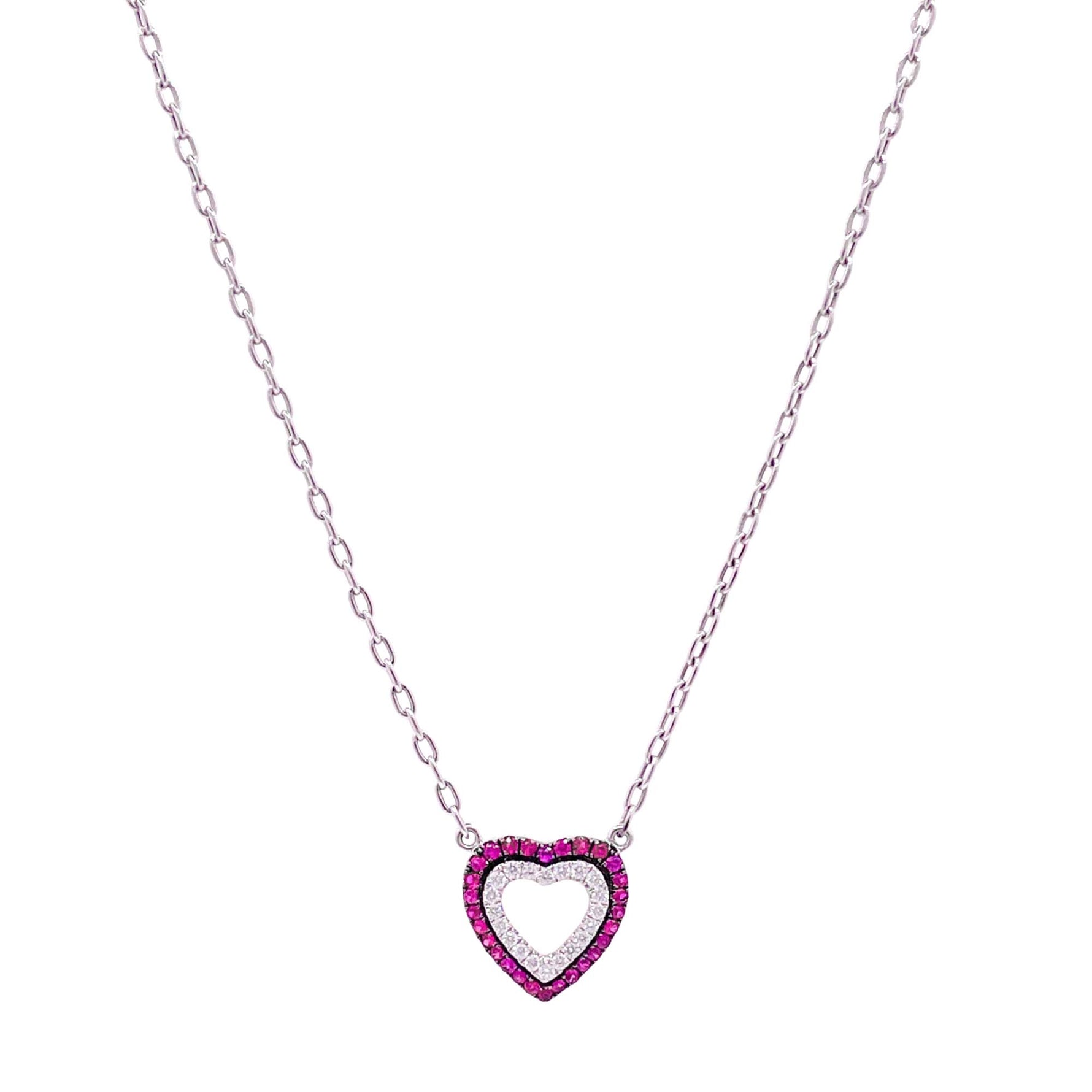 Jay Feder 18k White Gold Ruby and Diamond Heart Pendant Necklace