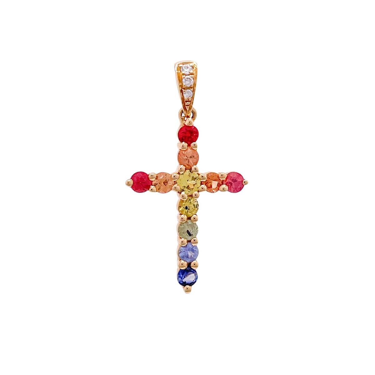 Jay Feder 18k Yellow Gold Multicolor Sapphire and Diamond Cross Pendant
