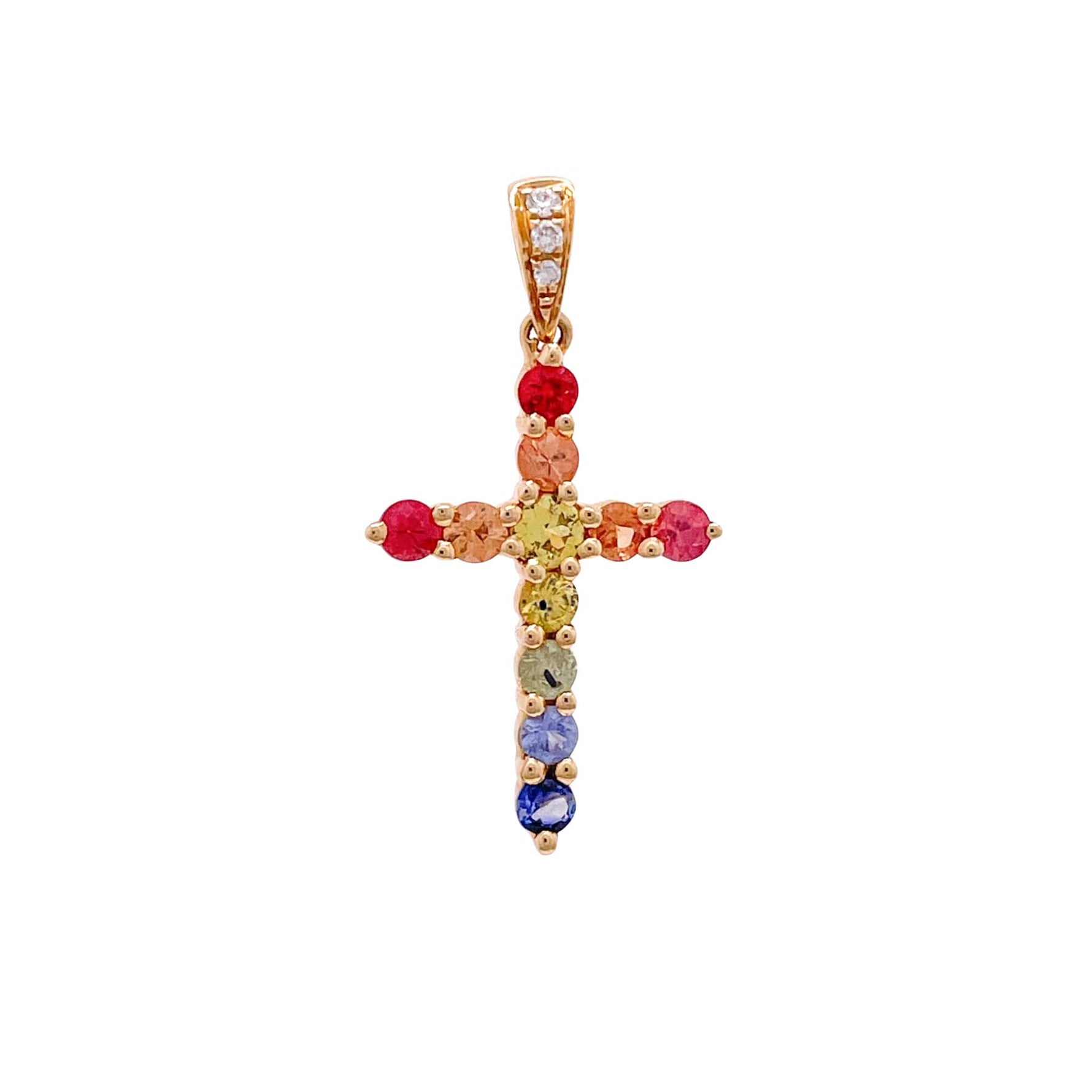 Jay Feder 18k Yellow Gold Multicolor Sapphire and Diamond Cross Pendant