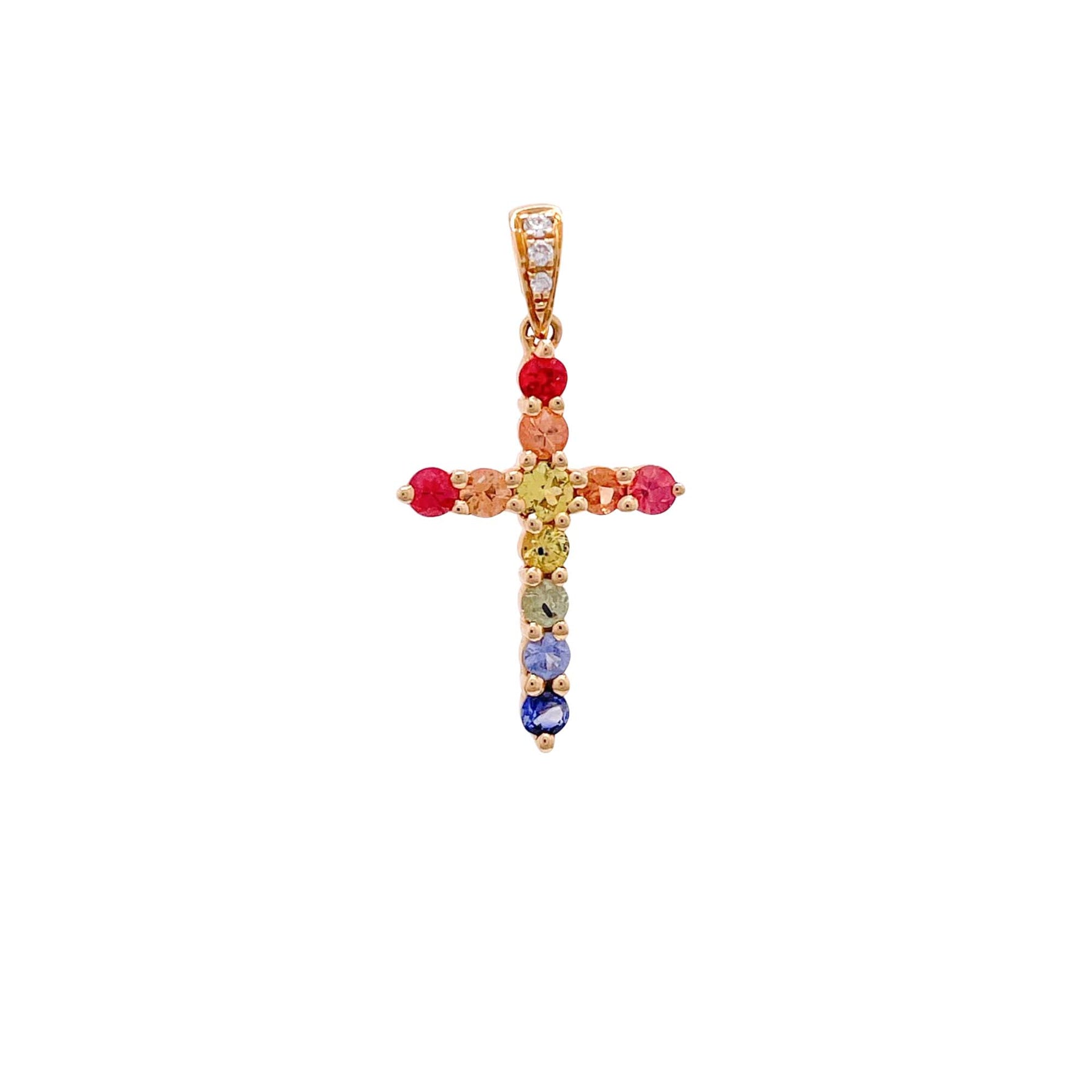 Jay Feder 18k Yellow Gold Multicolor Sapphire and Diamond Cross Pendant